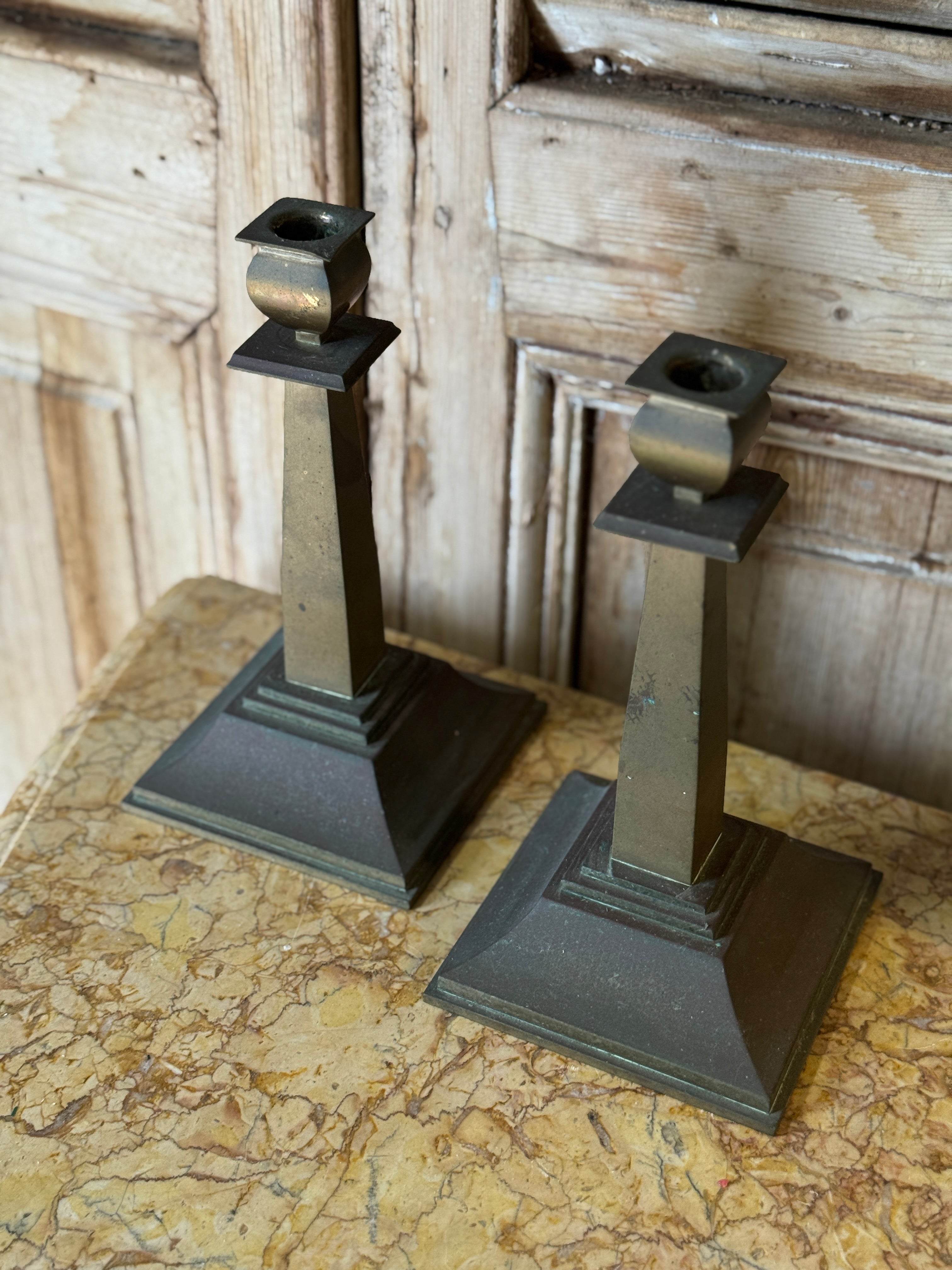 Pair of Vintage Brass Obelisk Candlesticks