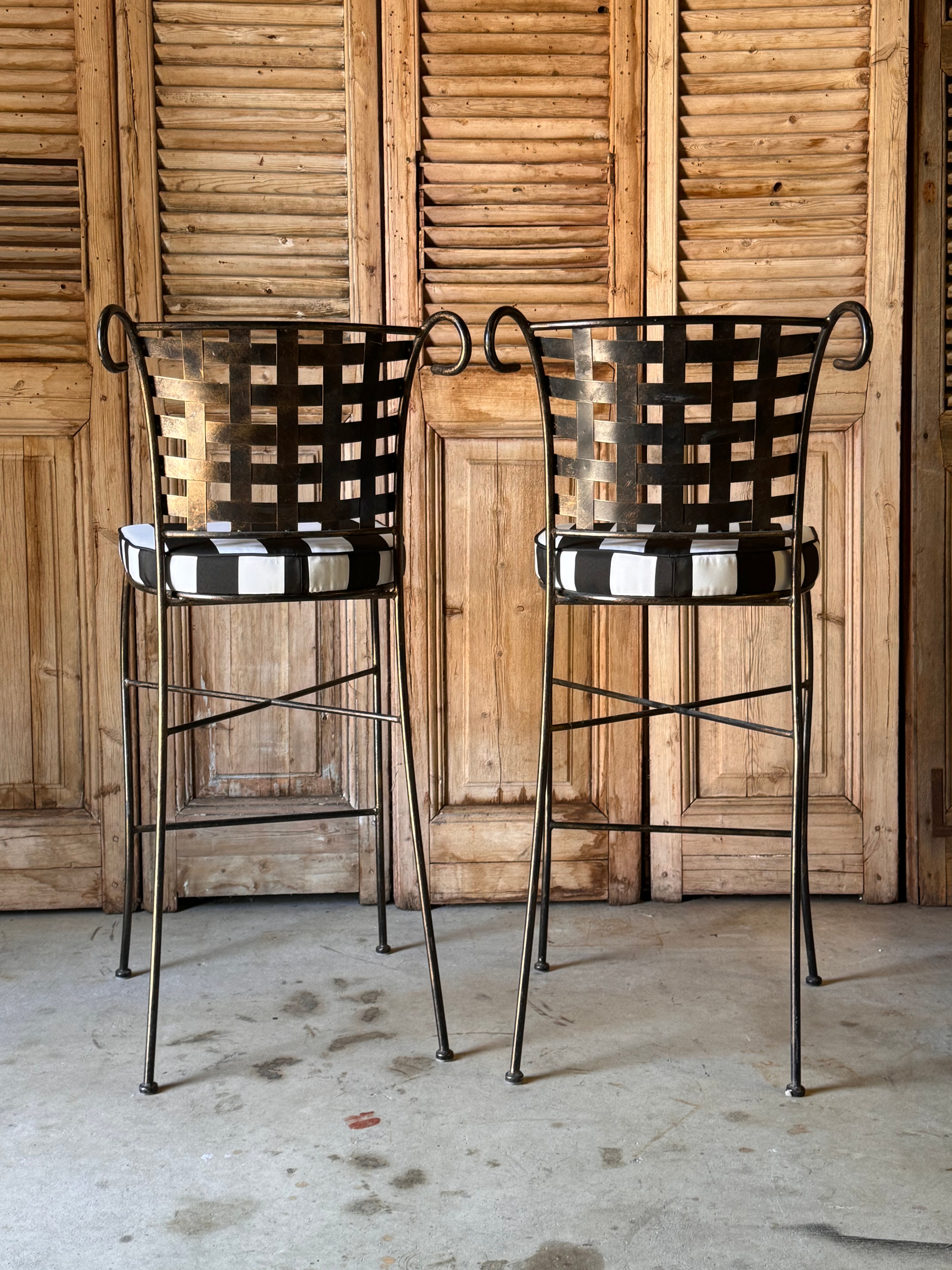 Pair of Vintage French Metal Bar / Outdoor Stools with New Upholstery