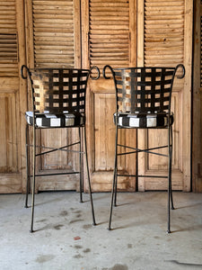 Pair of Vintage French Metal Bar / Outdoor Stools with New Upholstery