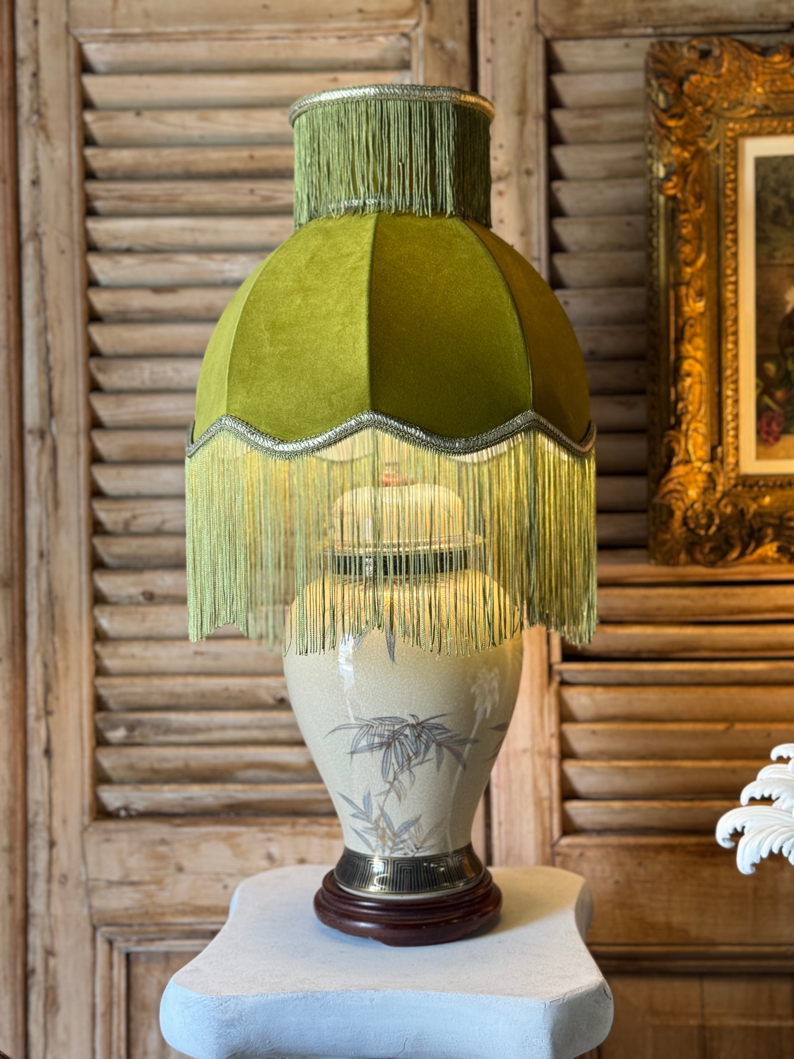 Vintage Chinoiserie Lamp with Fringed Green Velvet Shade