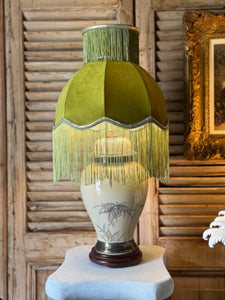 Vintage Chinoiserie Lamp with Fringed Green Velvet Shade