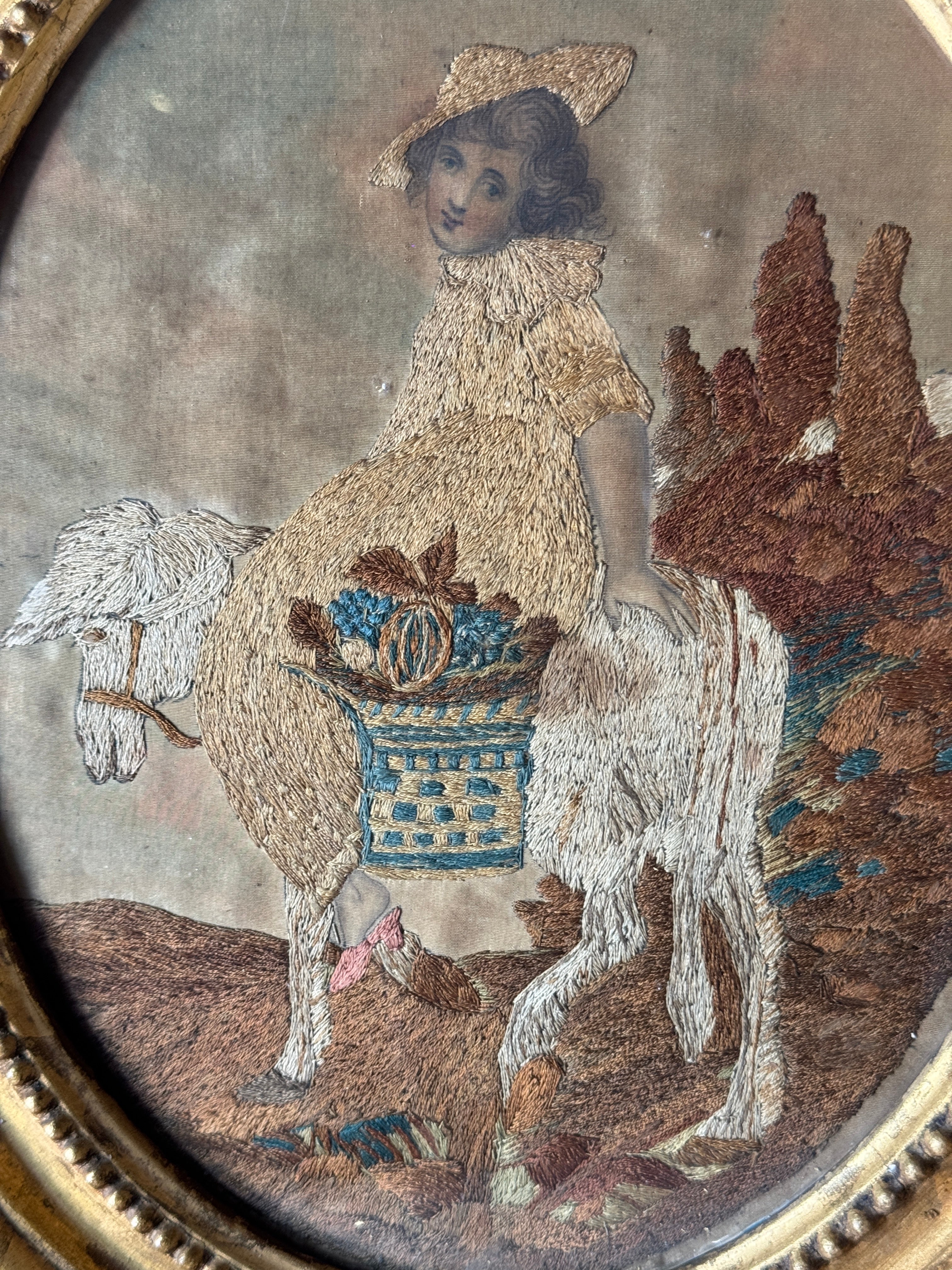 Early 19th Century Silk Embroidery Artwork in Oval Gilt Frame