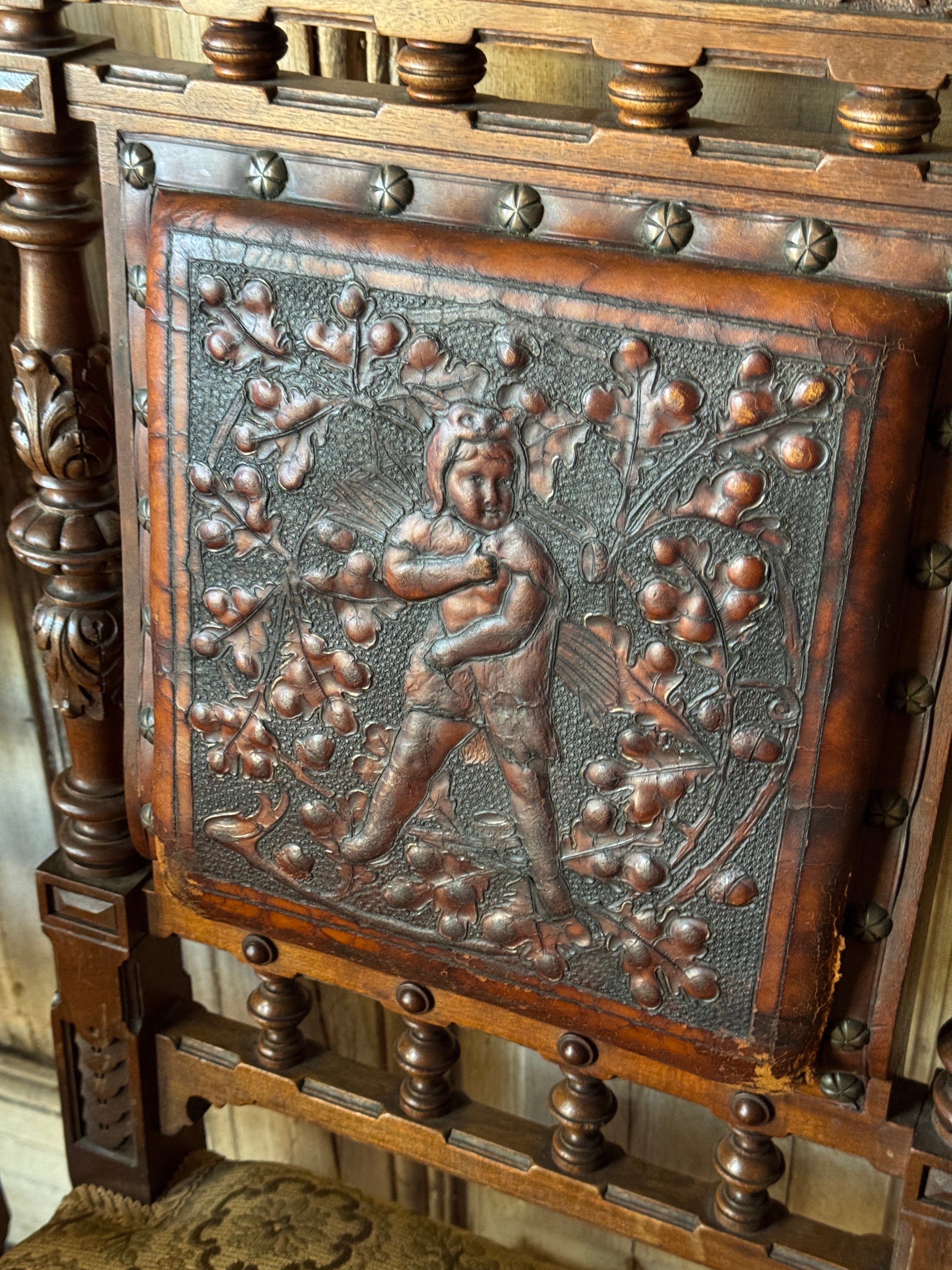 Set of 6 Antique 19th Century Renaissance Revival Dining Chairs with Embossed Leather Back Rests