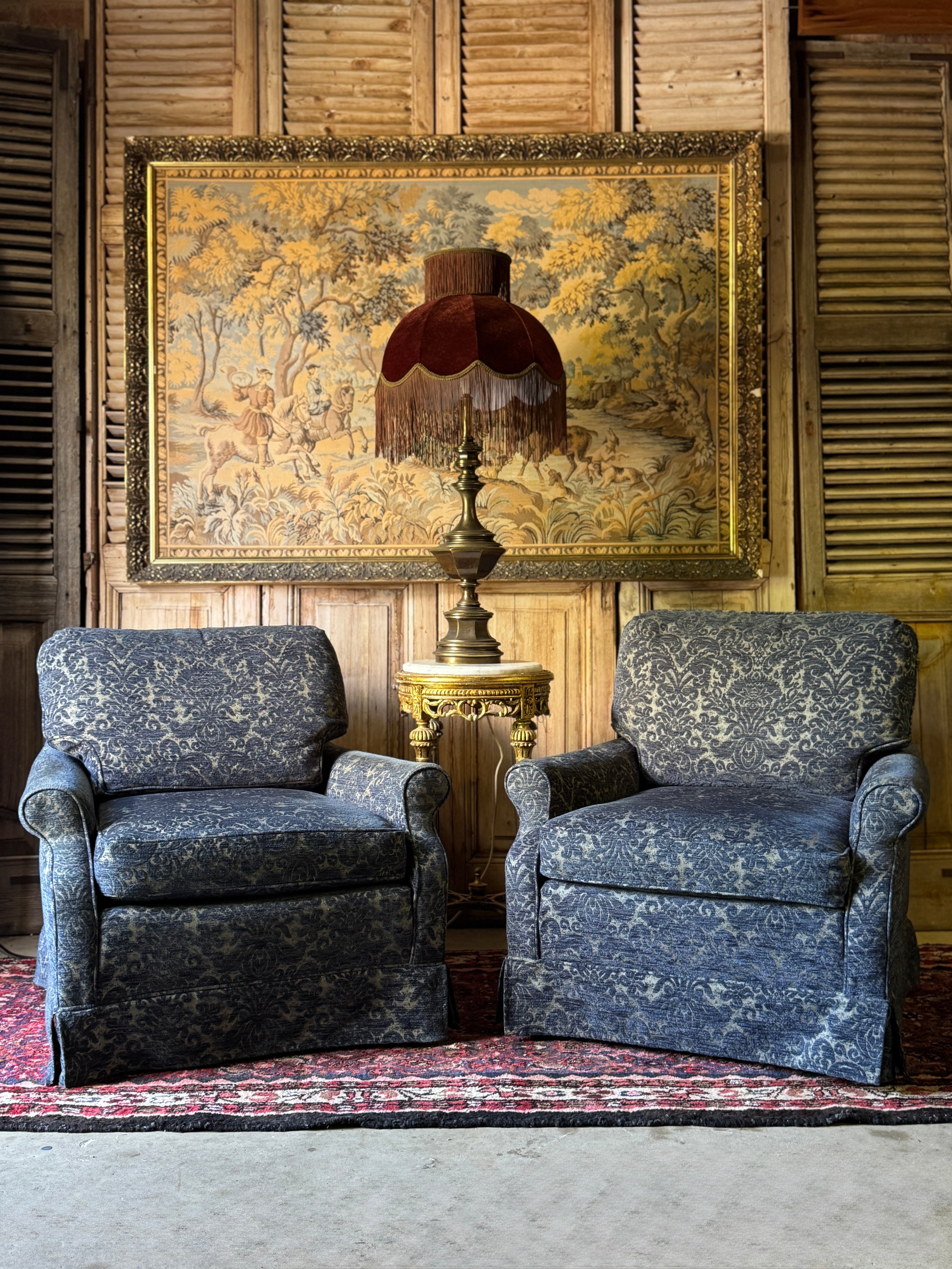 [HOLD] Pair of Vintage Damask Lounge Chairs