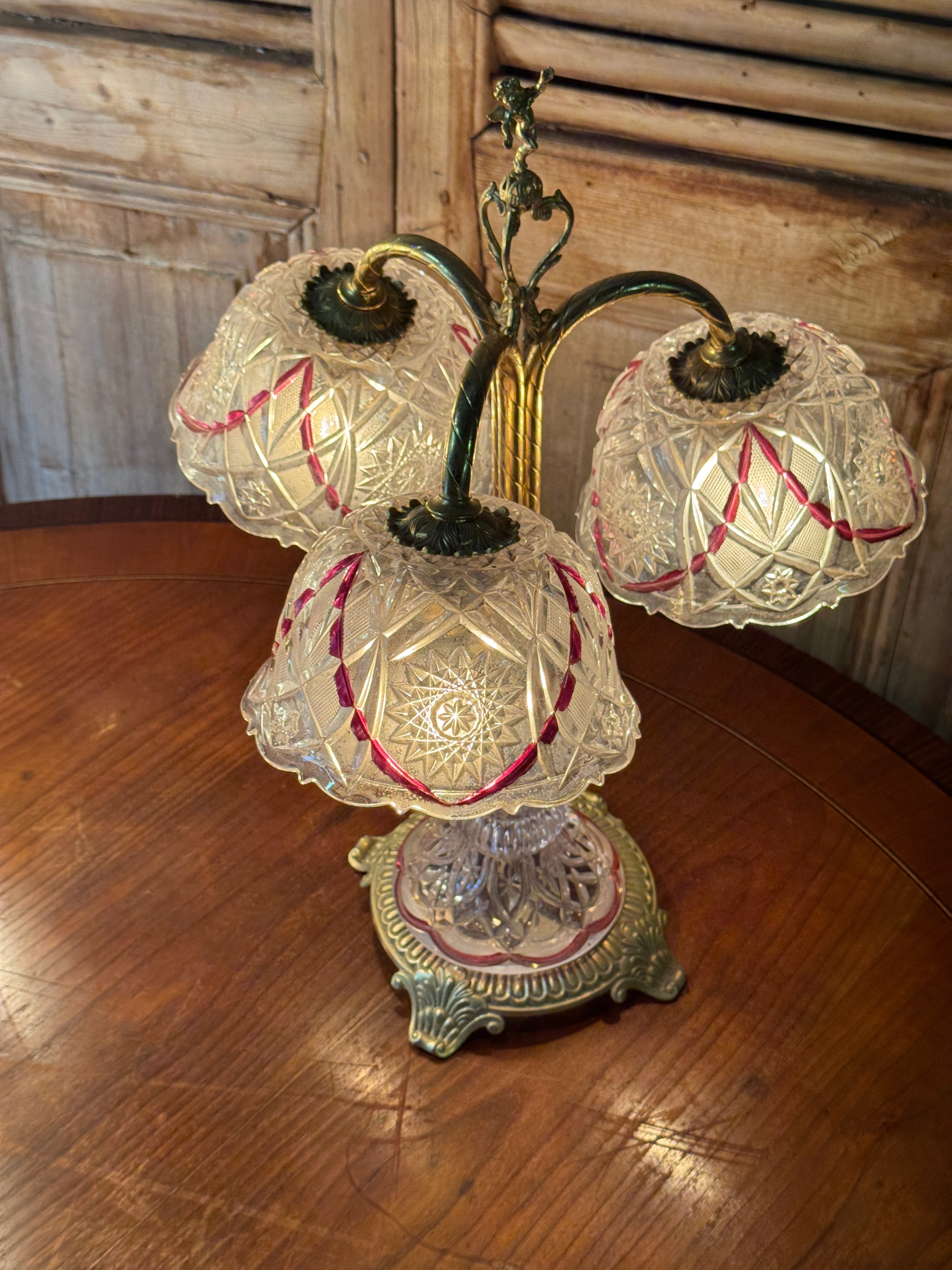 Vintage Cut Glass and Brass Cherub Lamp with Red Detail