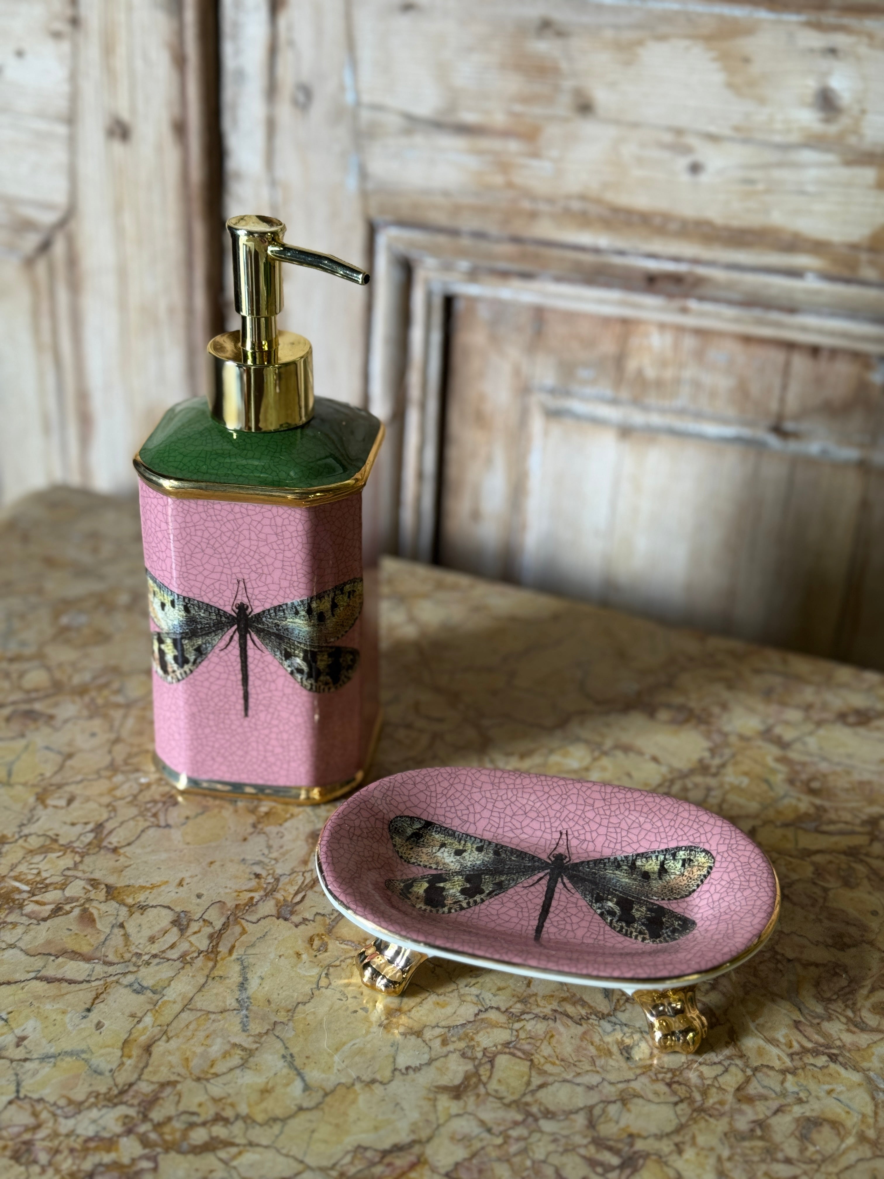 Pink Dragonfly Ceramic Soap Dispenser