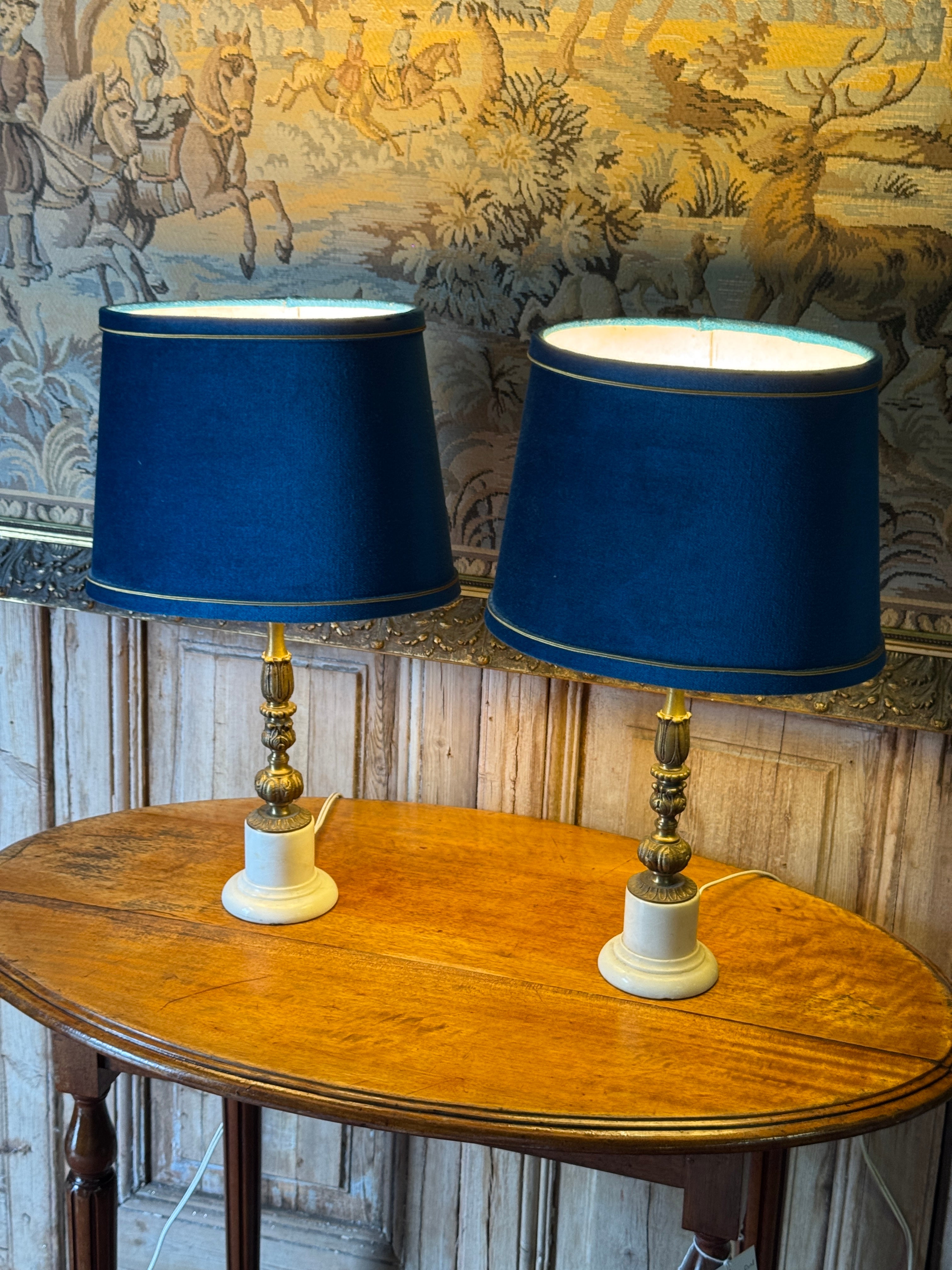 Pair of Blue Velvet Table Lamps With Marble Bases