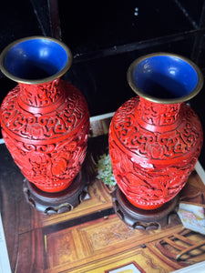 Pair of c. 1920-50s Chinese Red Cinnabar Vases on Fitted Timber Bases