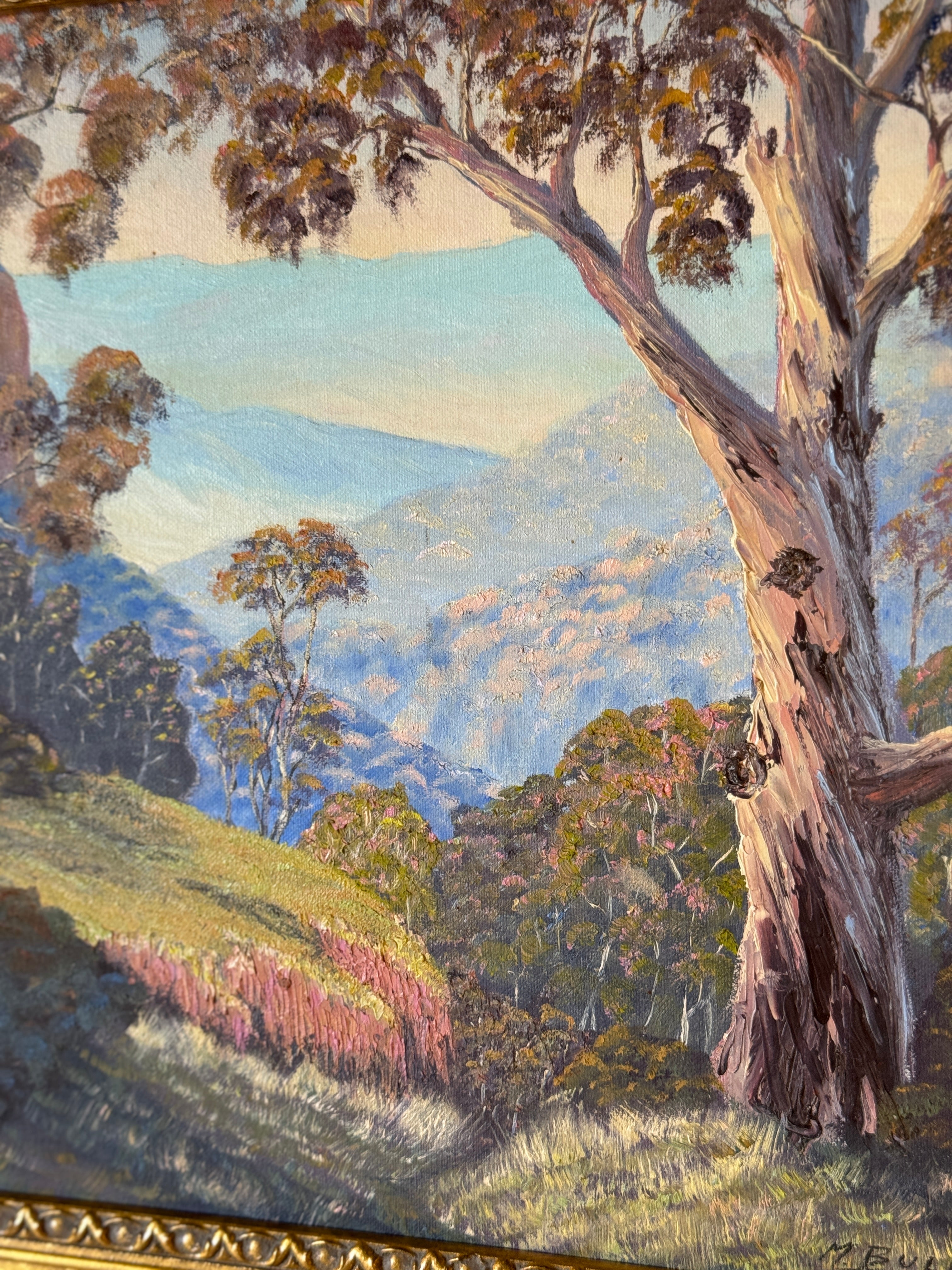 Gold Framed Australiana School Painting - Mountain Scene