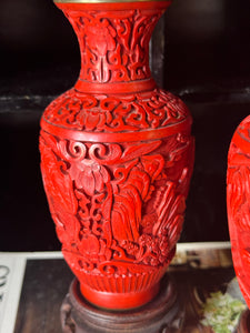 Pair of c. 1920-50s Chinese Red Cinnabar Vases on Fitted Timber Bases