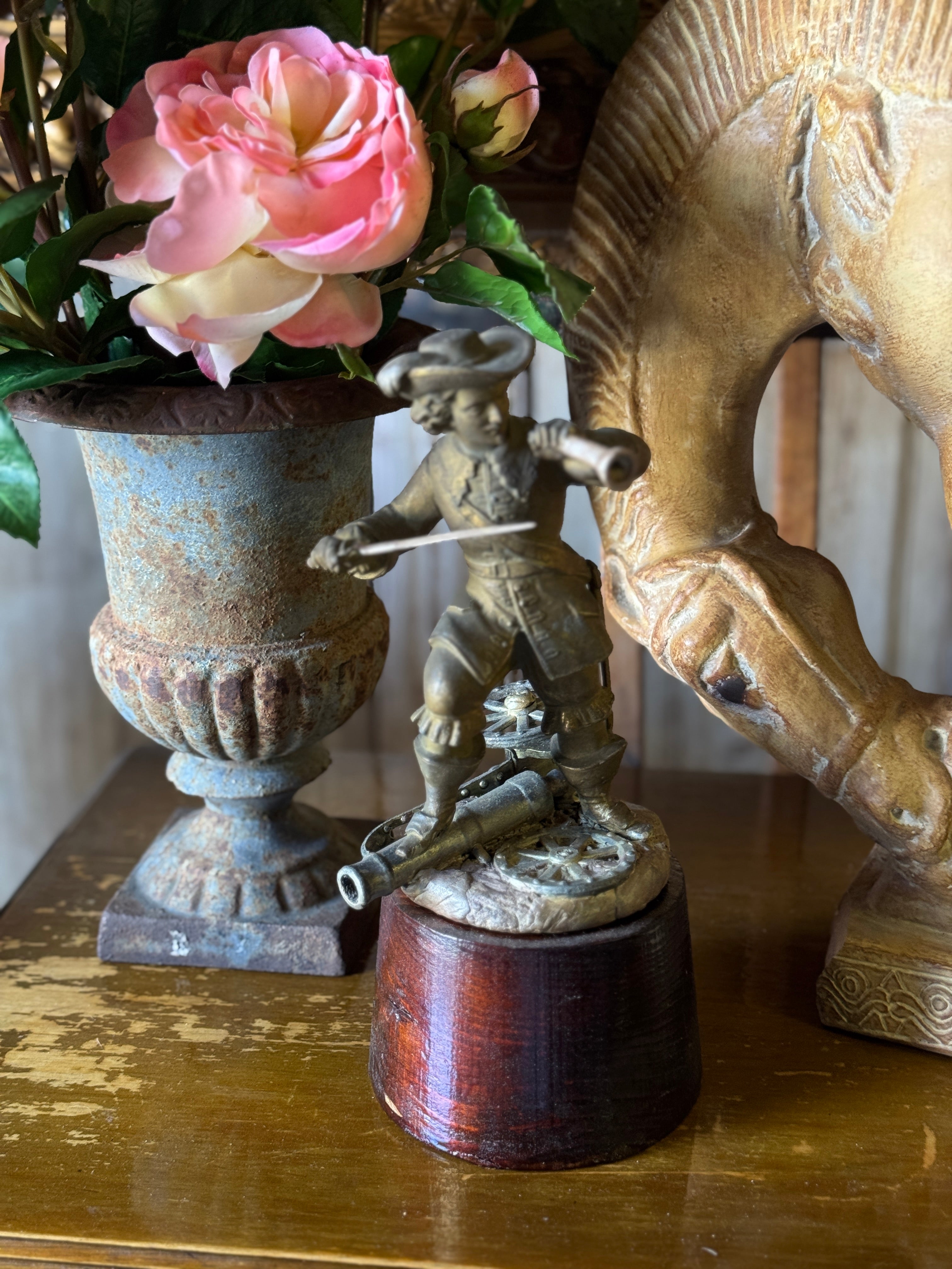 Vintage Bronze Figure of a Buccaneer on Timber Mount
