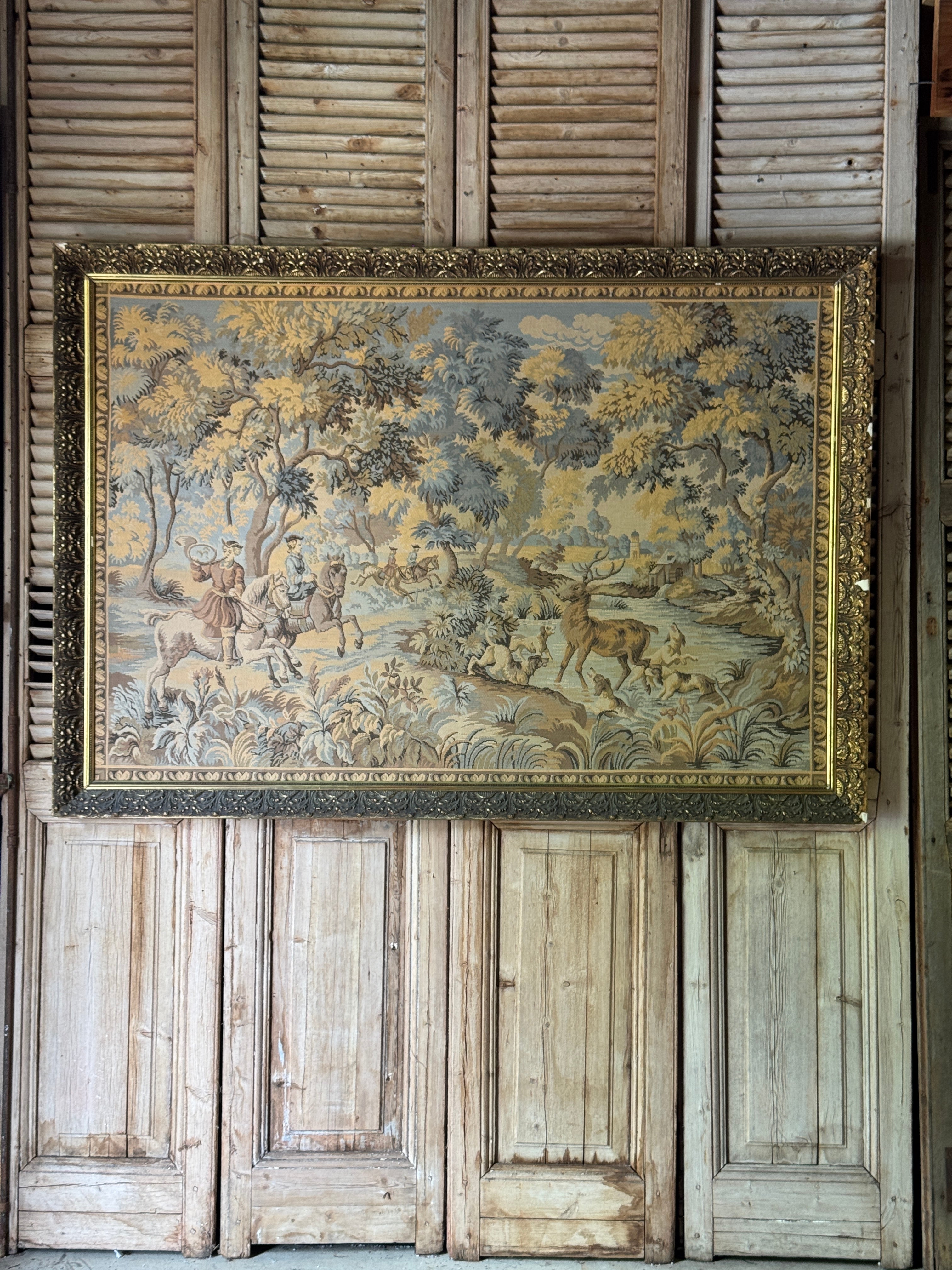Large Vintage Framed Hunting Scene Tapestry