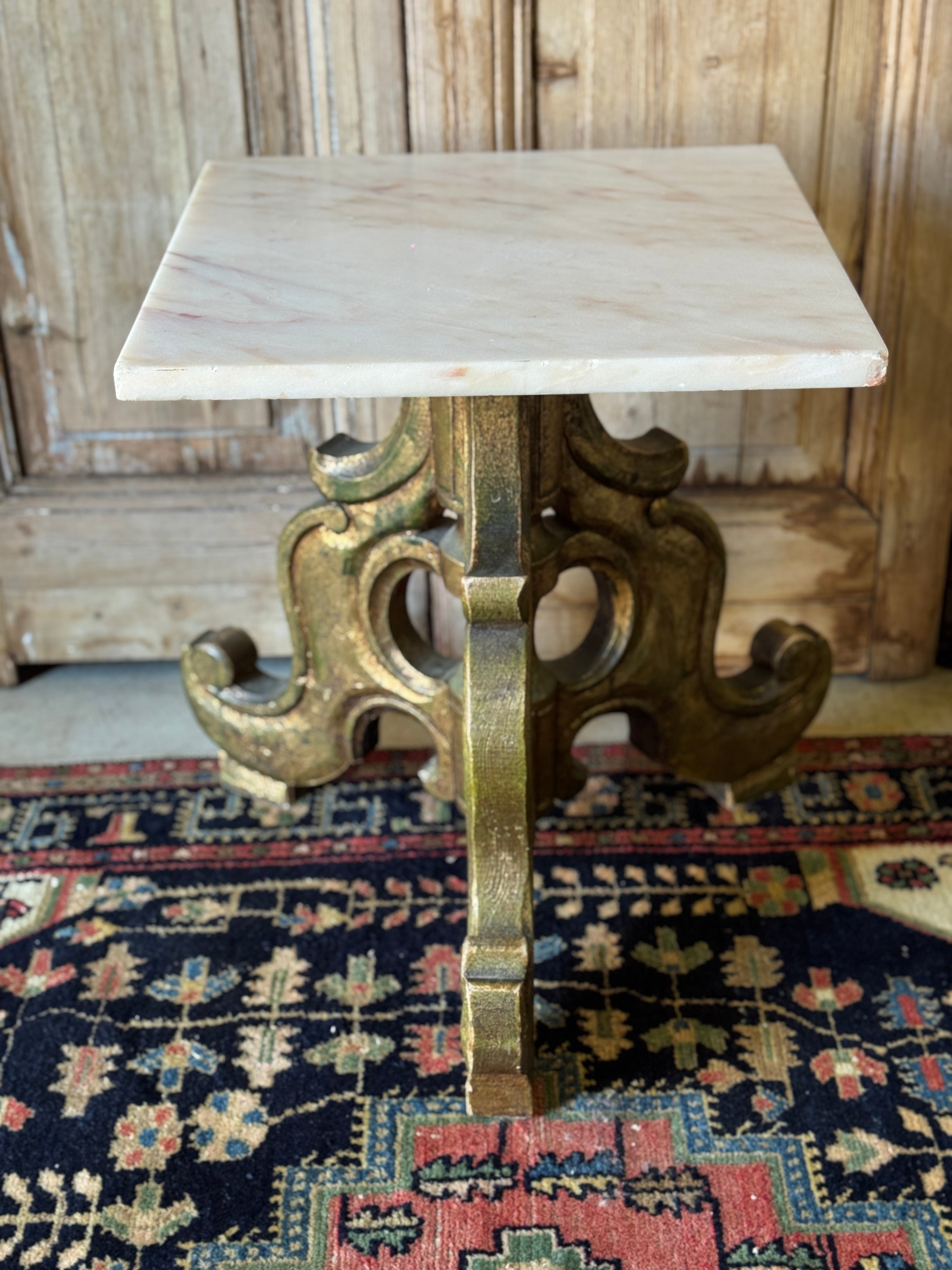 Vintage Carved Timber Side Table with Marble Top