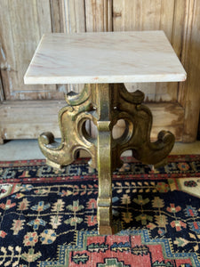 Vintage Carved Timber Side Table with Marble Top