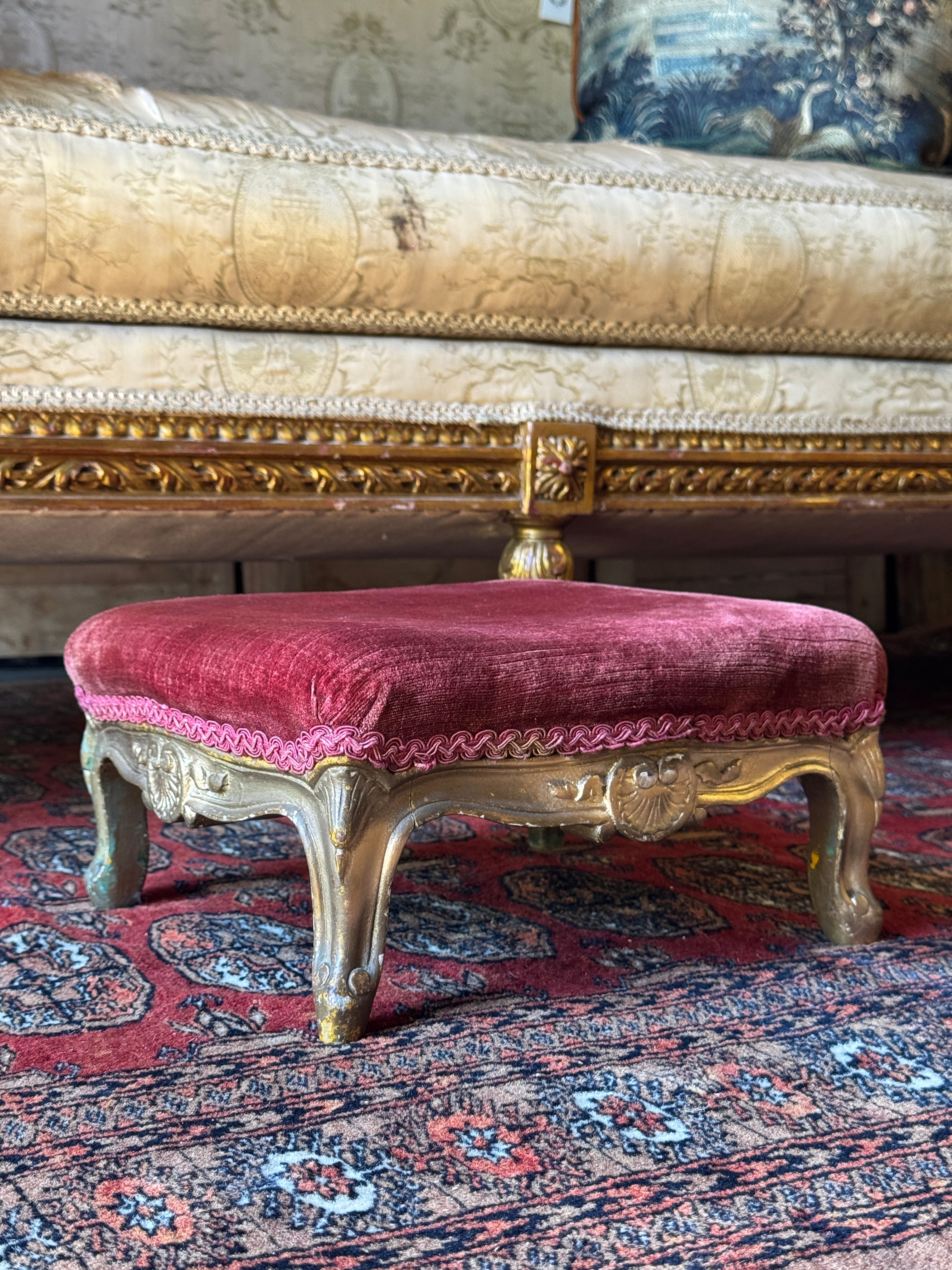 19th Century Giltwood Carved Footstool with Velvet Upholstery