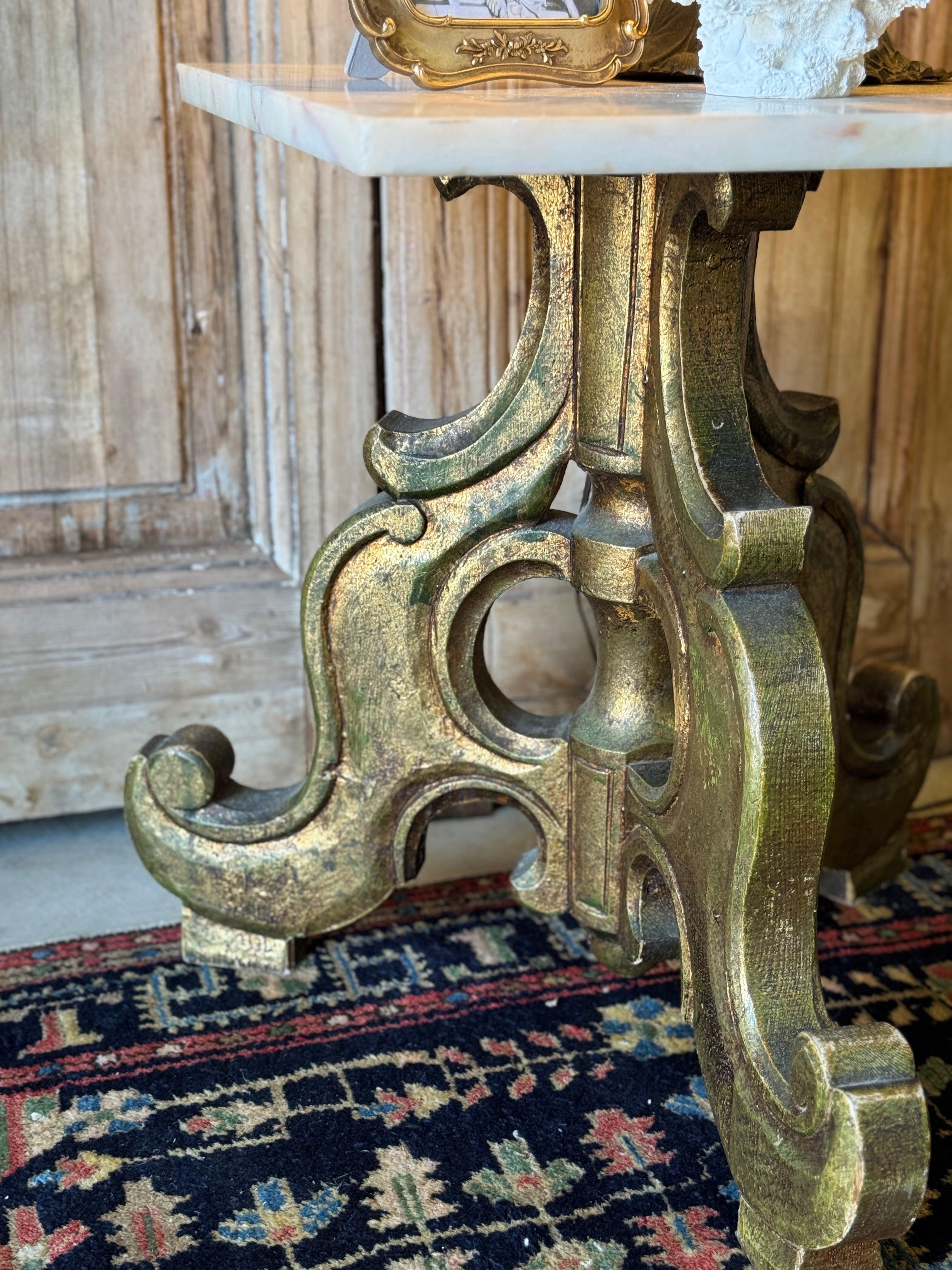 Vintage Carved Timber Side Table with Marble Top