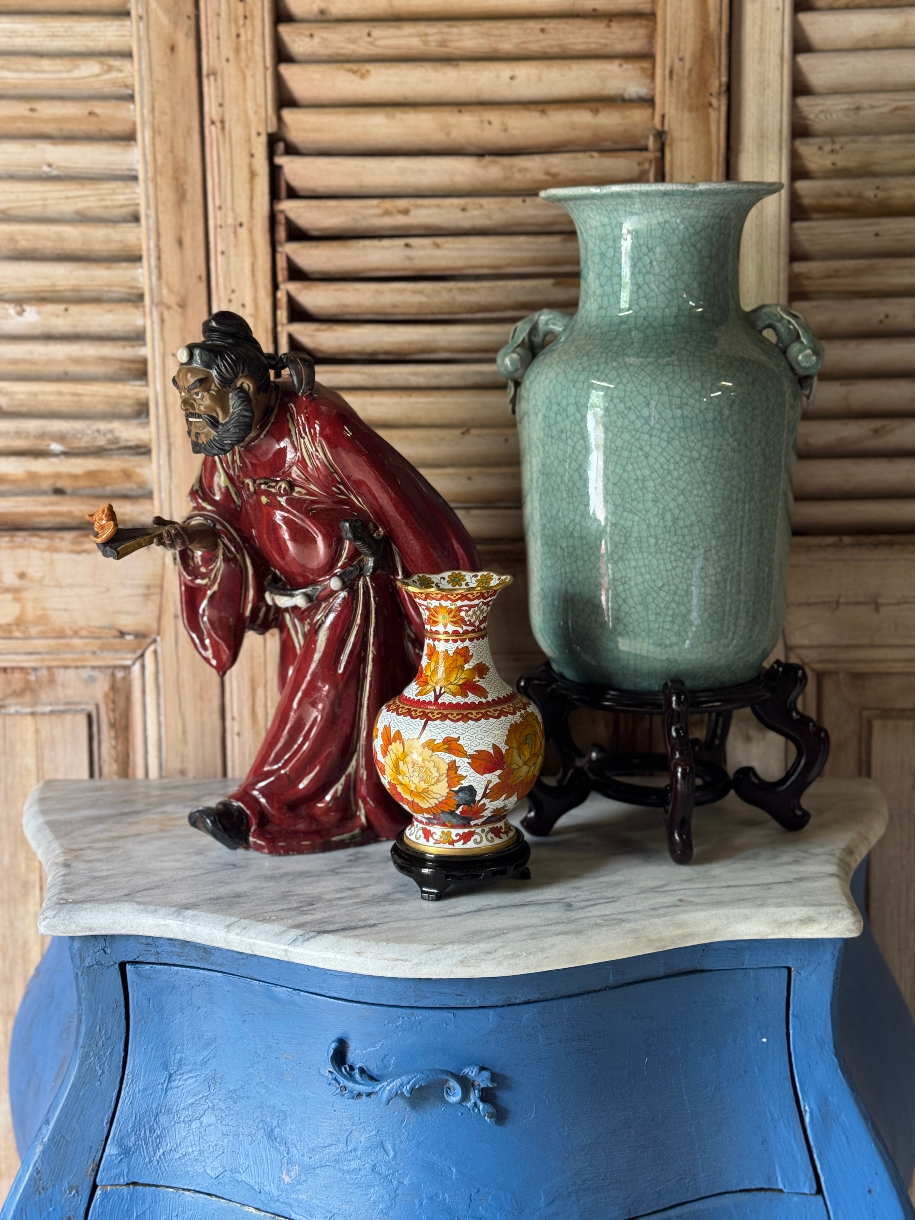 Large Chinese Celadon Crackle Glaze Vase on Carved Rosewood Stand