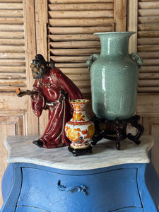 Large Chinese Celadon Crackle Glaze Vase on Carved Rosewood Stand