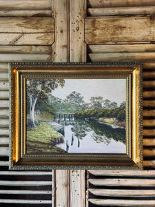 Gold Framed Australiana School Painting - Lake Scene