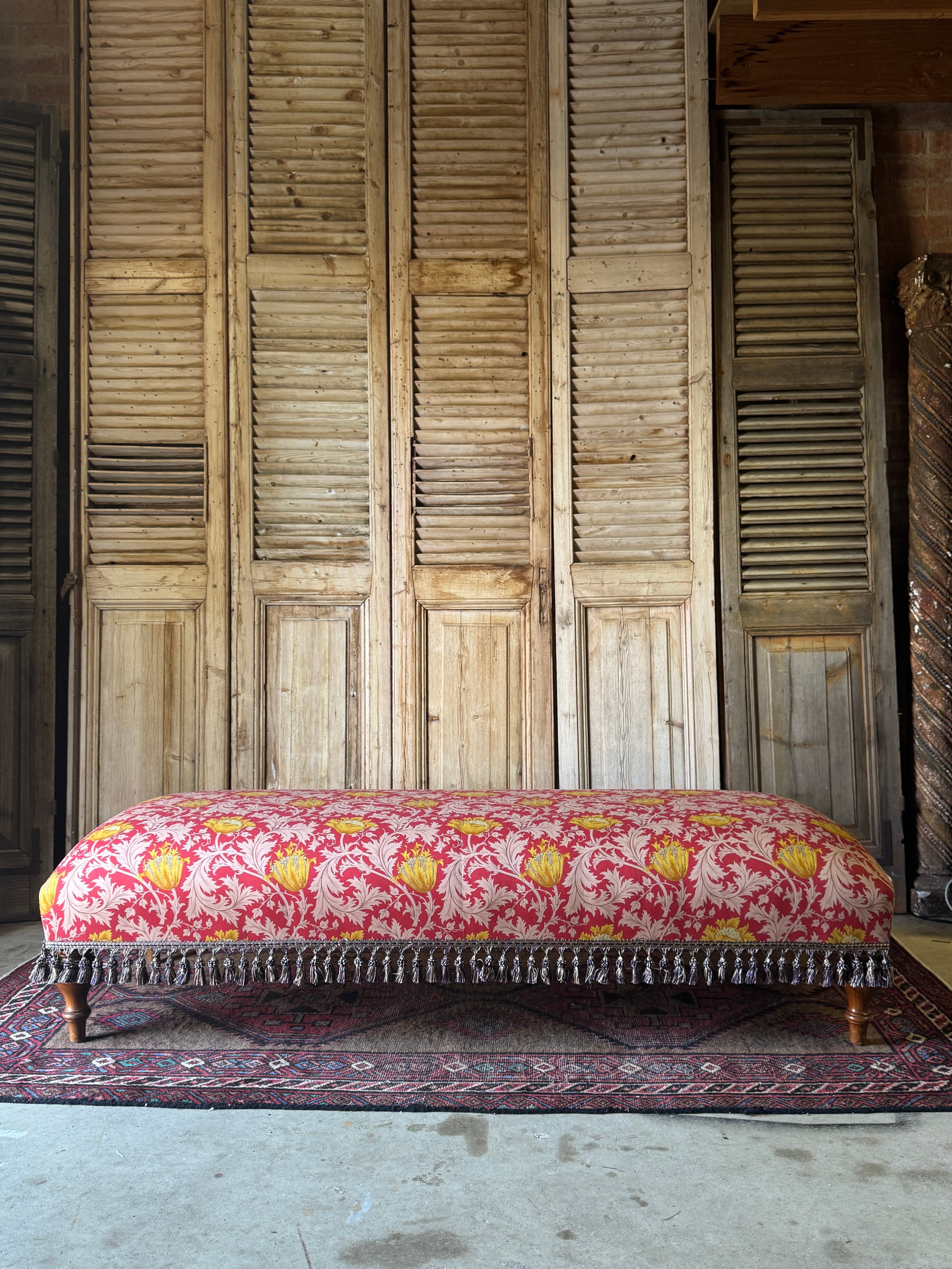 Vintage Ottoman Newly Upholstered in William Morris Fabric & Tasselled Trim
