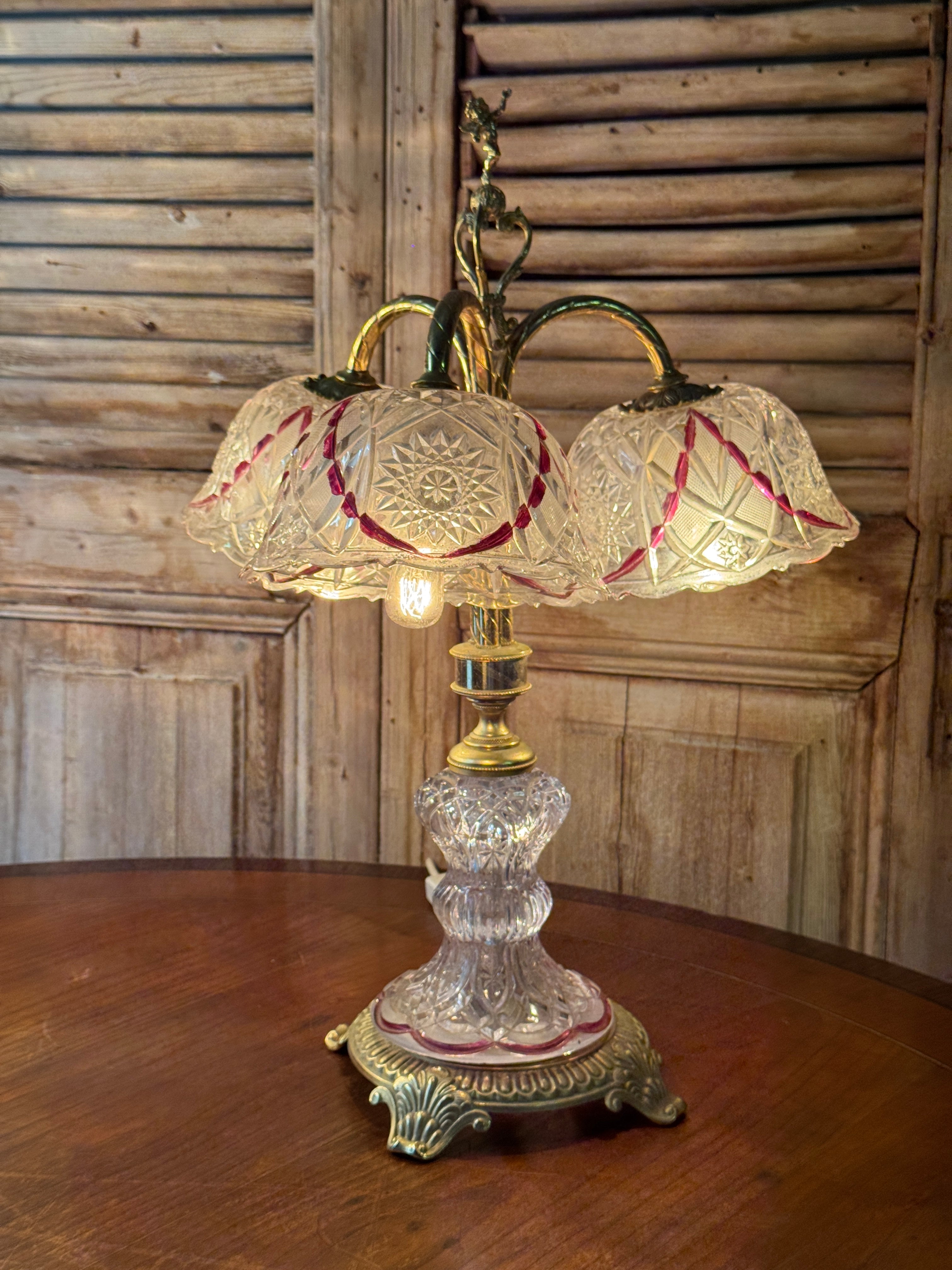 Vintage Cut Glass and Brass Cherub Lamp with Red Detail