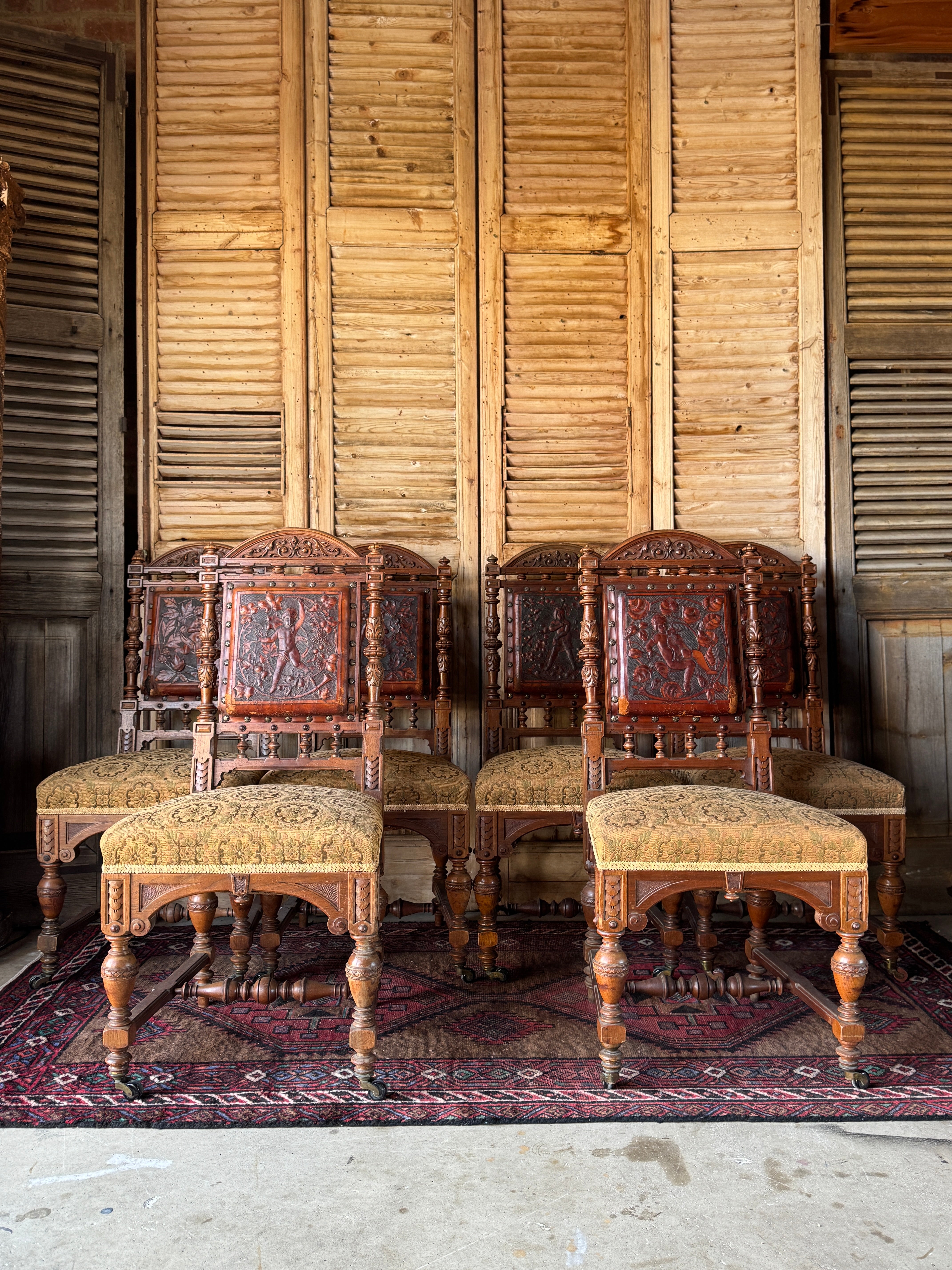 Set of 6 Antique 19th Century Renaissance Revival Dining Chairs with Embossed Leather Back Rests