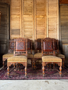 Set of 6 Antique 19th Century Renaissance Revival Dining Chairs with Embossed Leather Back Rests