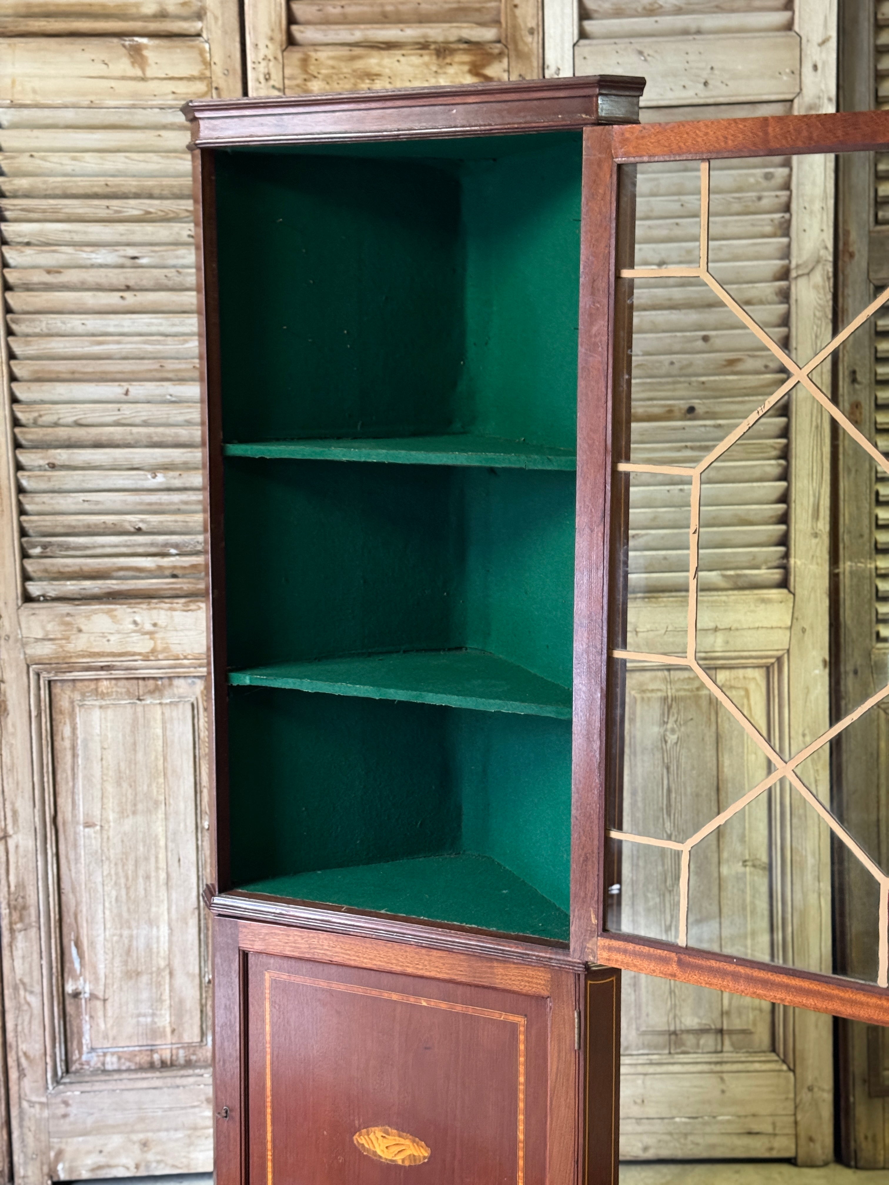 Antique Edwardian Corner Cabinet with Astragal Door and Green Felt Lined Display