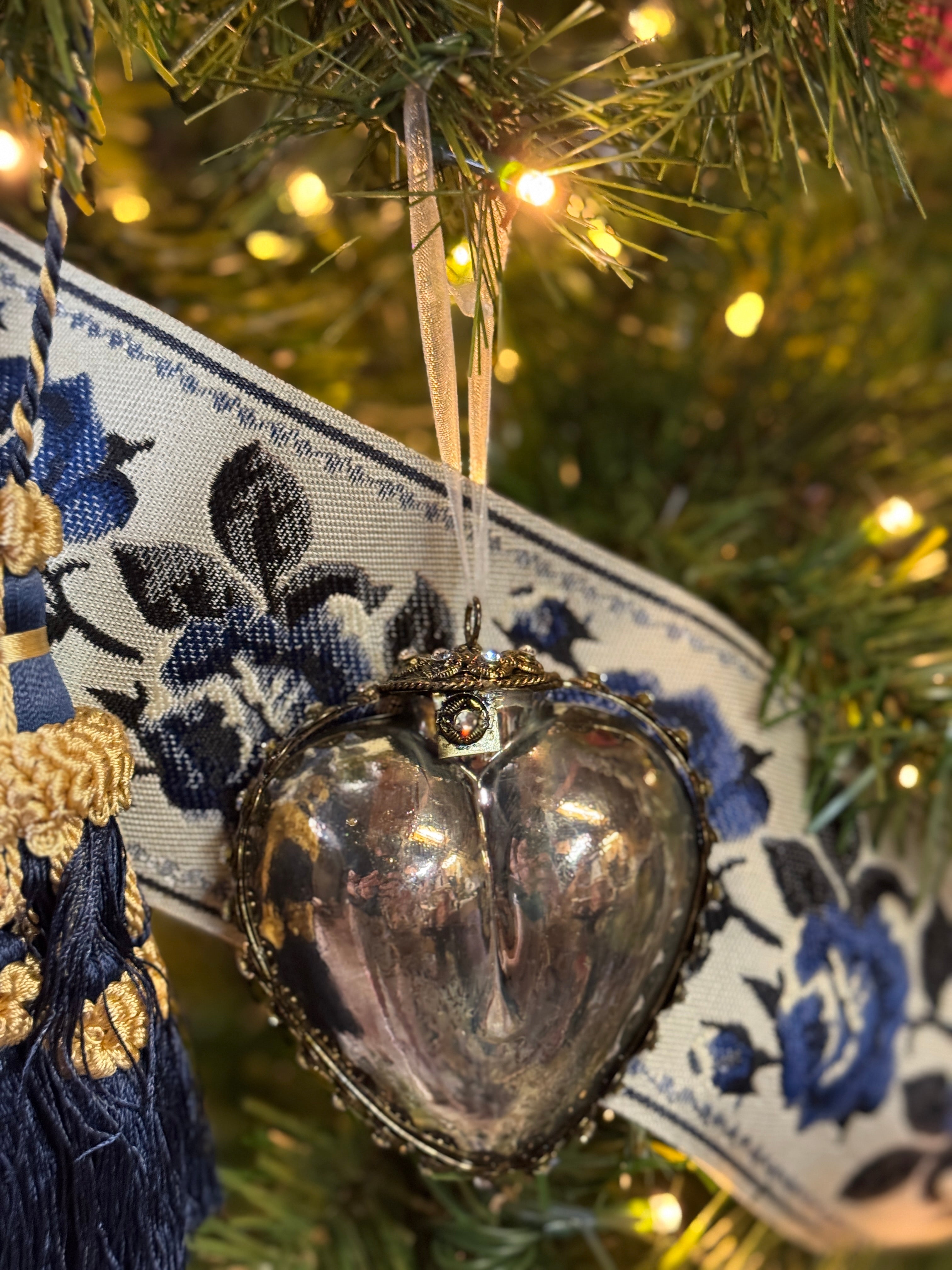 Diamanté Embellished Blown Glass Heart Christmas Ornament