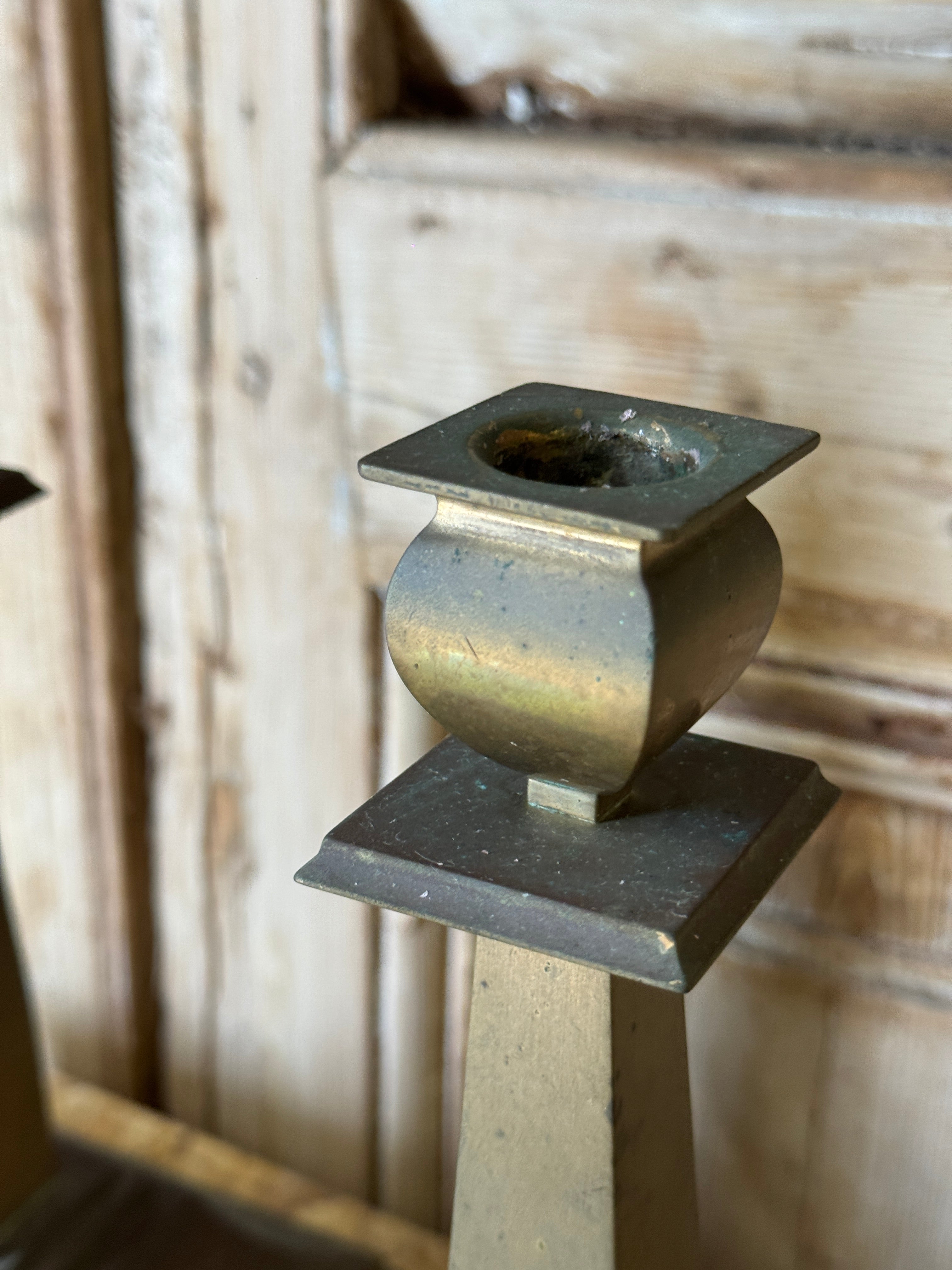 Pair of Vintage Brass Obelisk Candlesticks