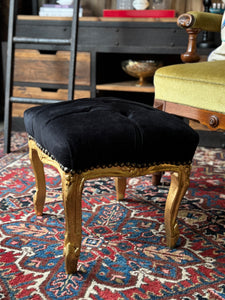 Vintage Gilt Footrest with Black Velvet Upholstery