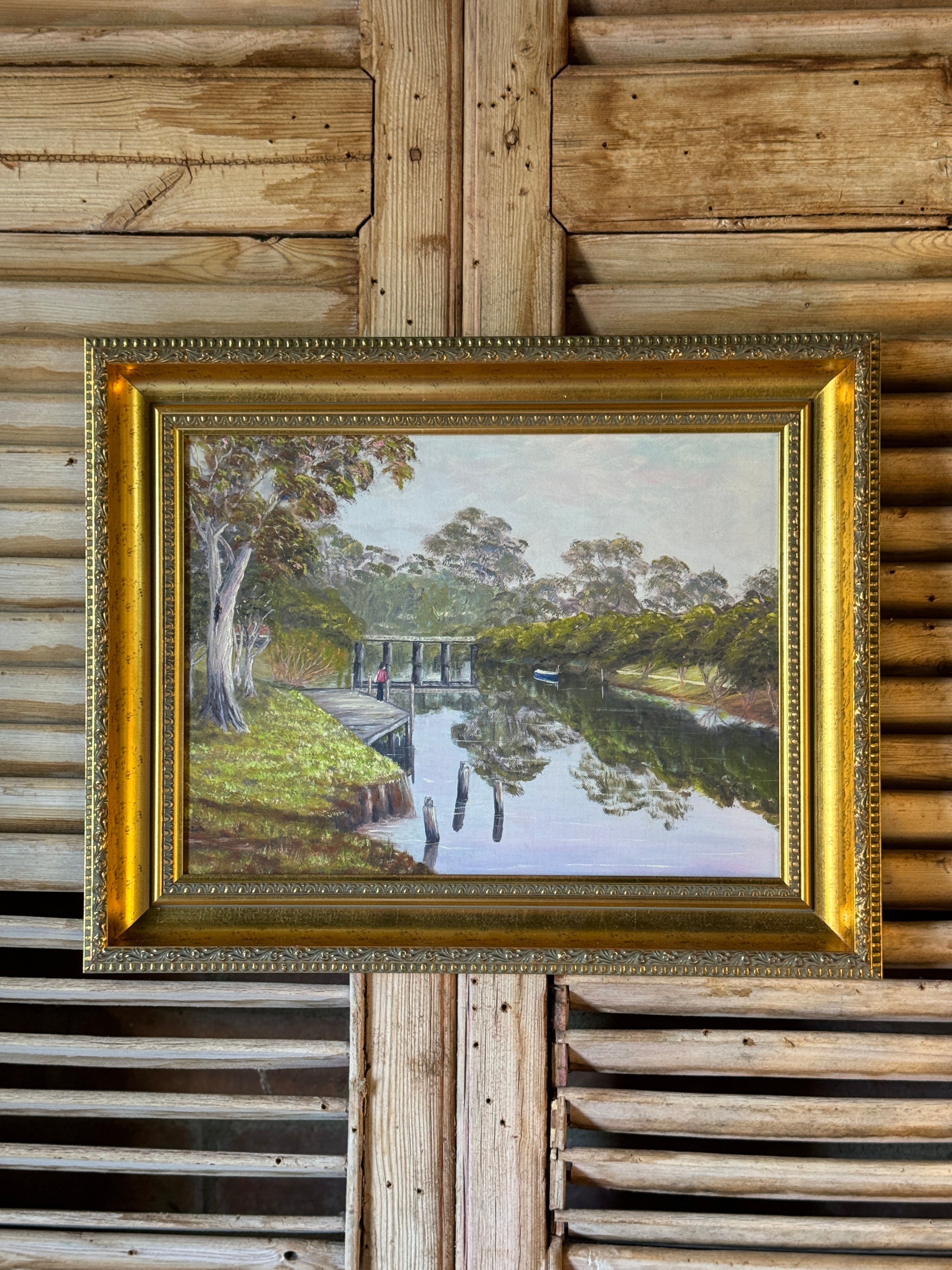 Gold Framed Australiana School Painting - Lake Scene