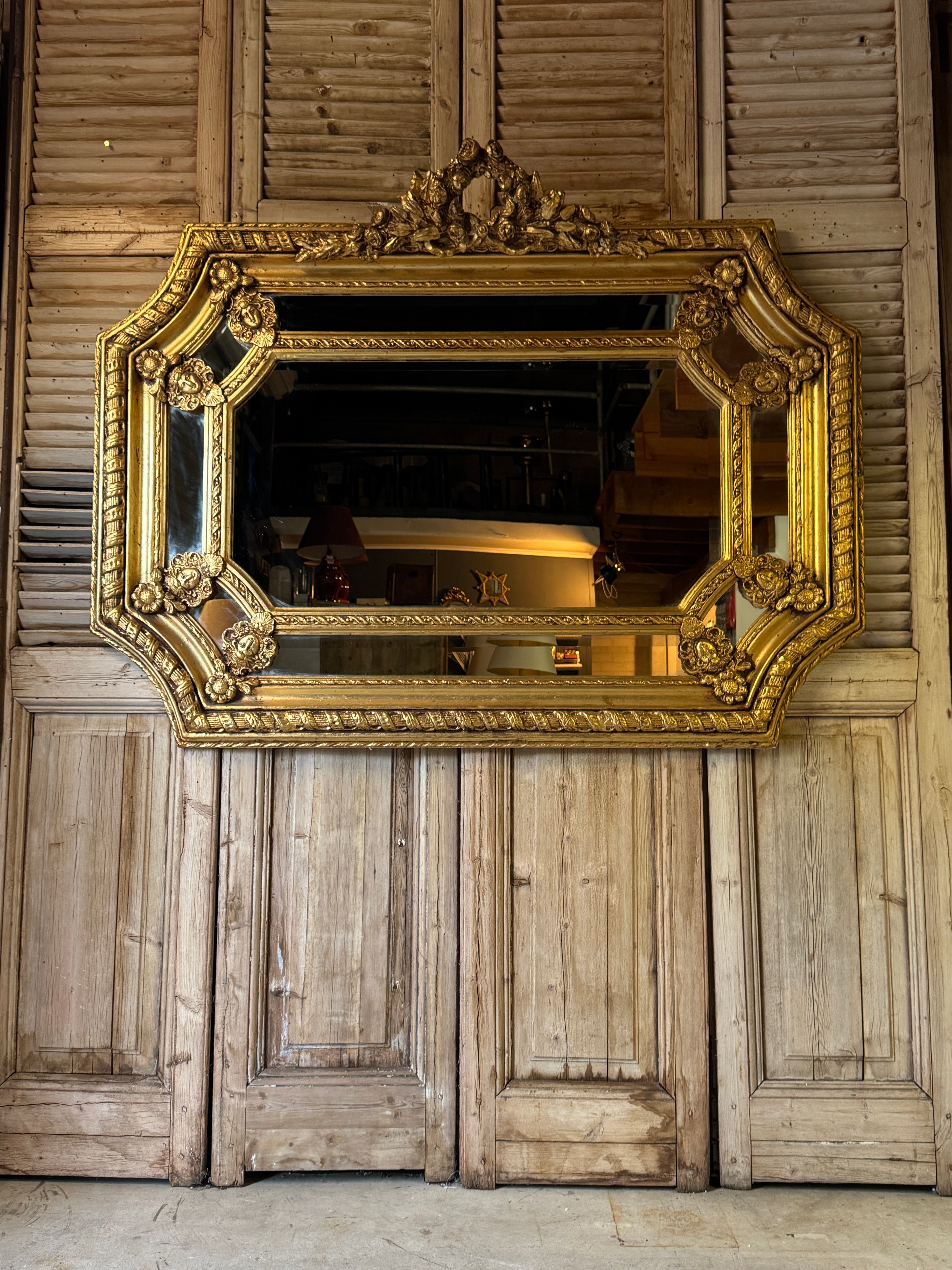 Vintage Gilt Rococo Mirror With Floral Crest