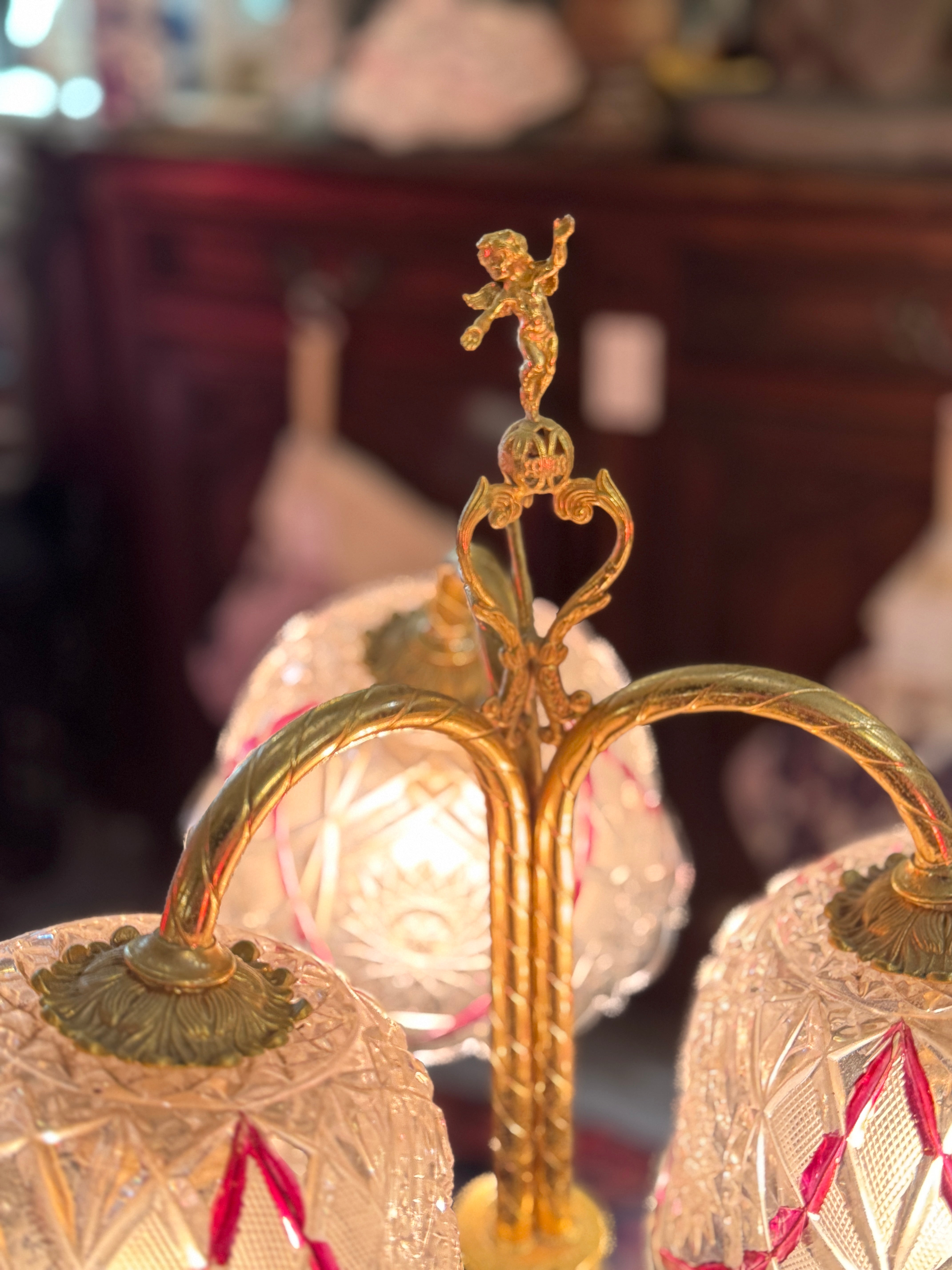 Vintage Cut Glass and Brass Cherub Lamp with Red Detail