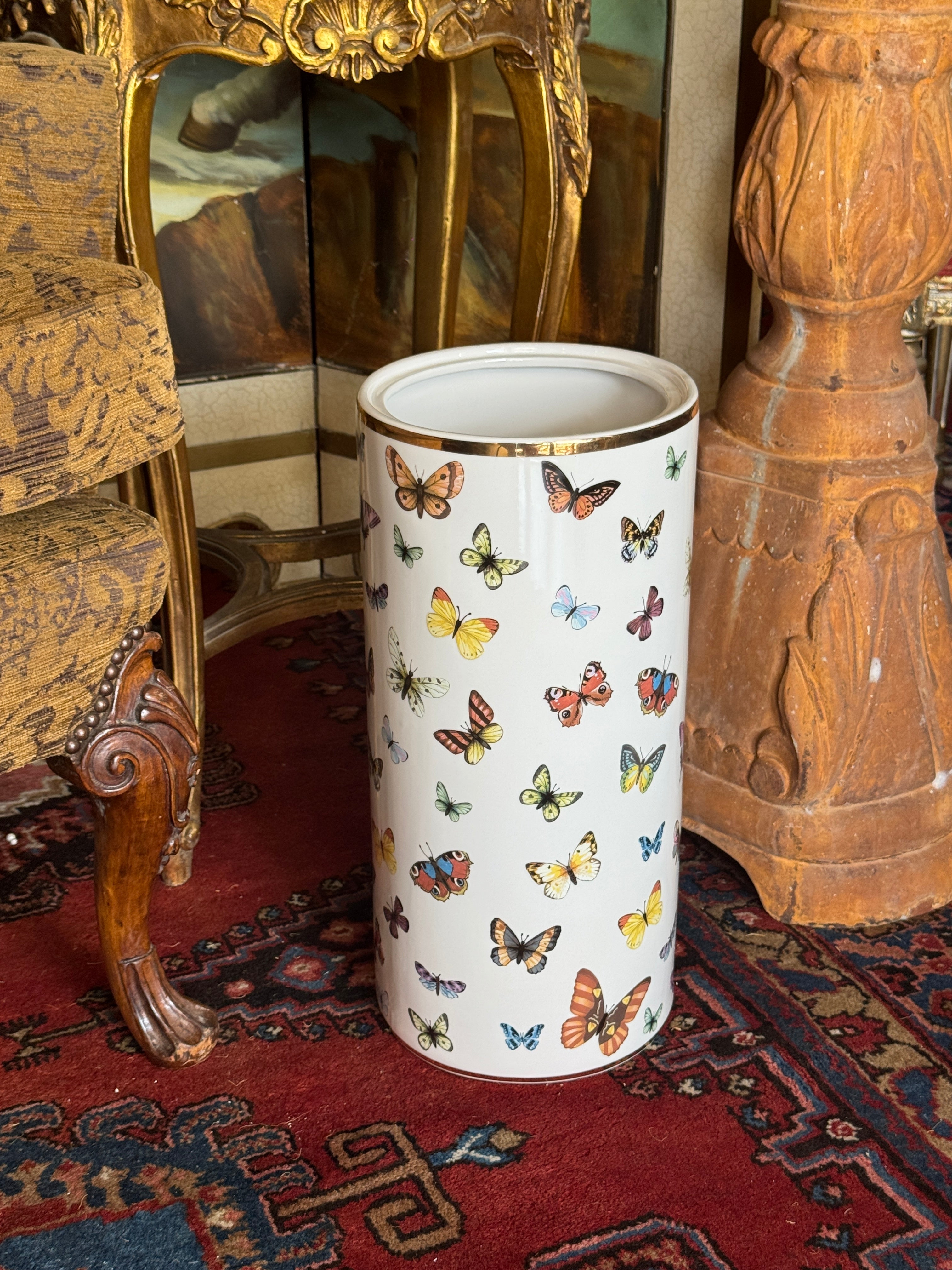 White & Gold Butterfly Ceramic Umbrella Stand