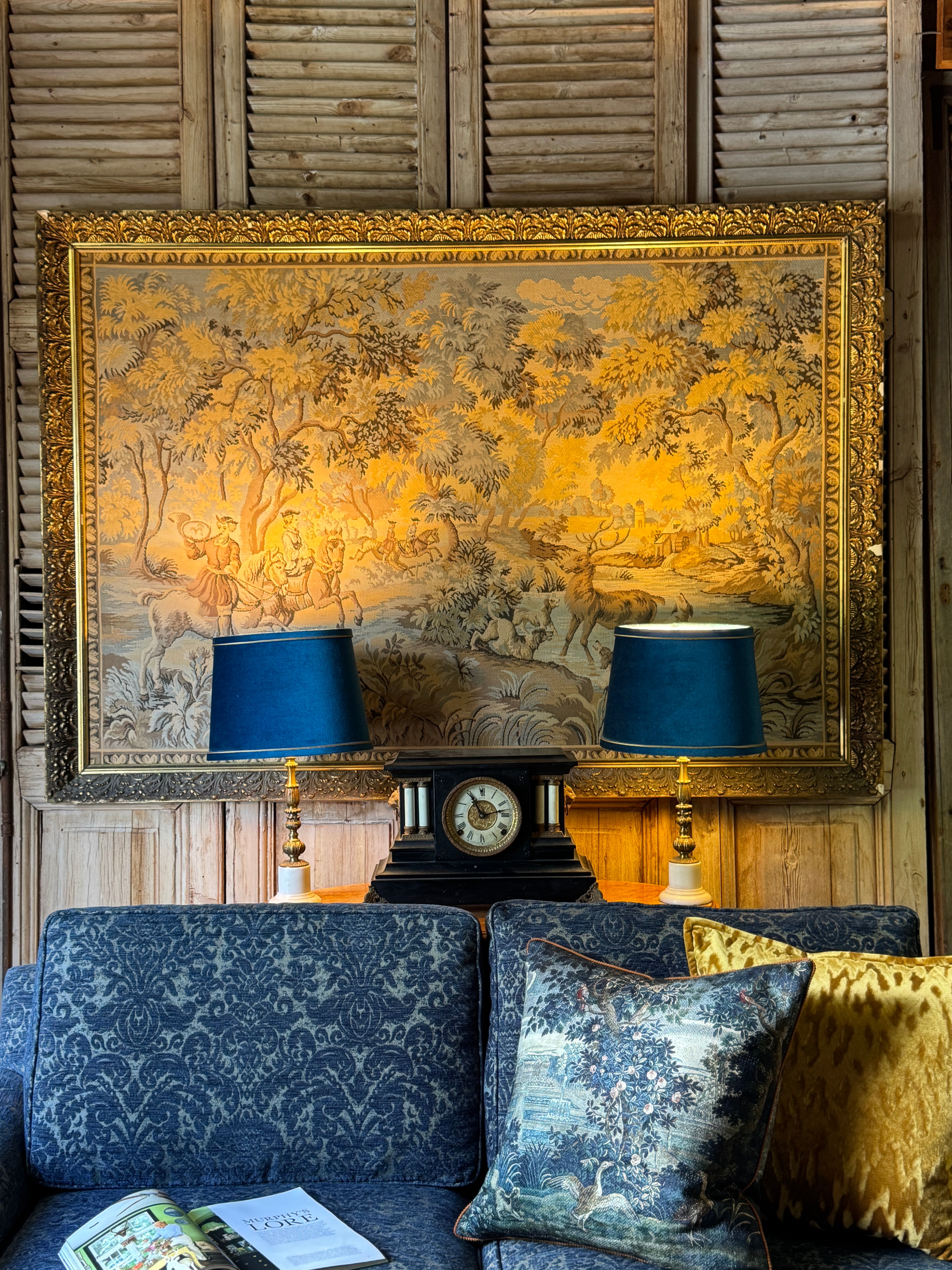 Large Vintage Framed Hunting Scene Tapestry