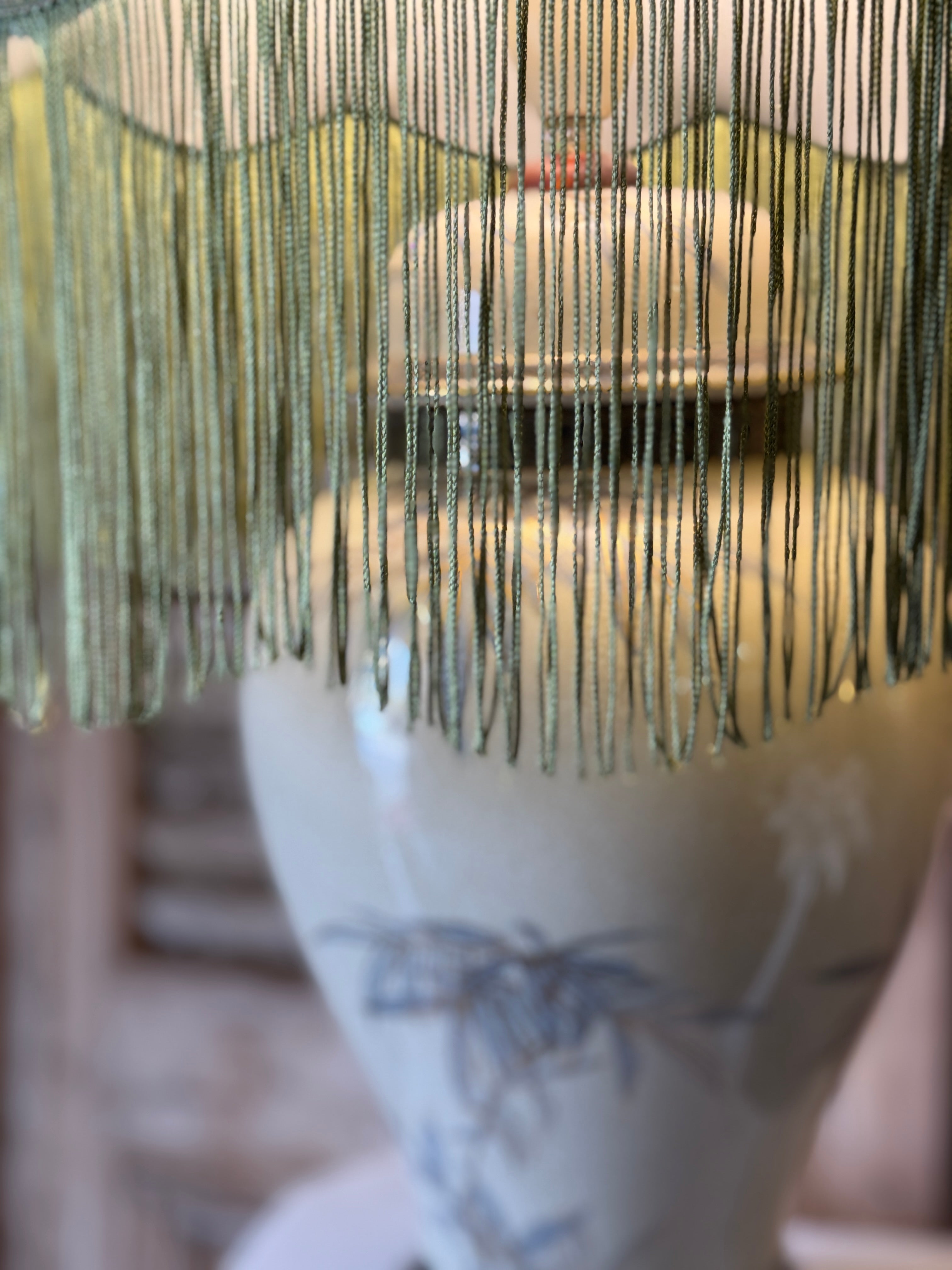 Vintage Chinoiserie Lamp with Fringed Green Velvet Shade