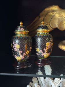 Pair of Vintage Chinese Cloisonné Lidded Vases on Fitted Timber Bases