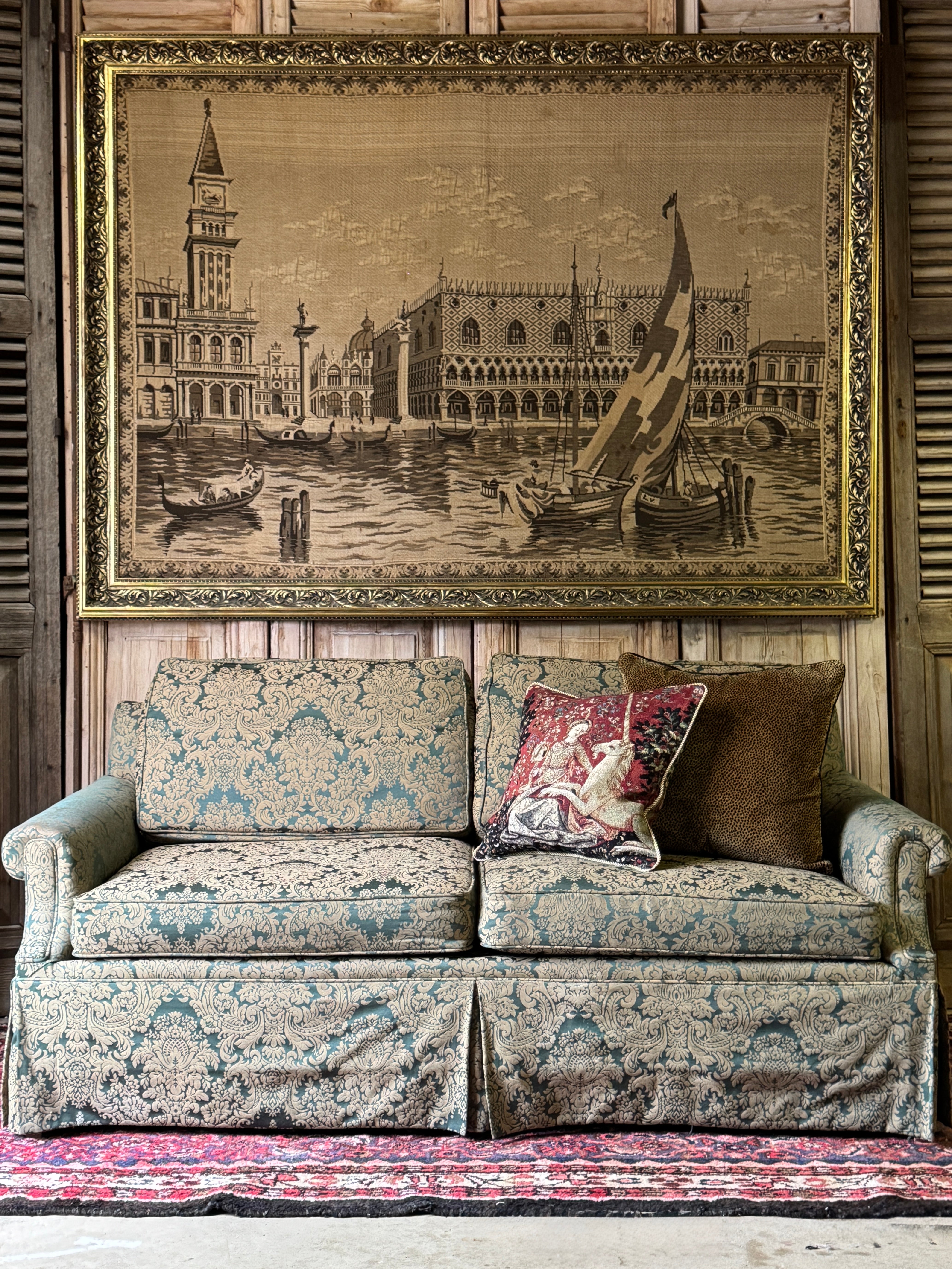 Vintage Green Damask Two Seater Lounge