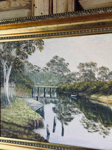 Gold Framed Australiana School Painting - Lake Scene