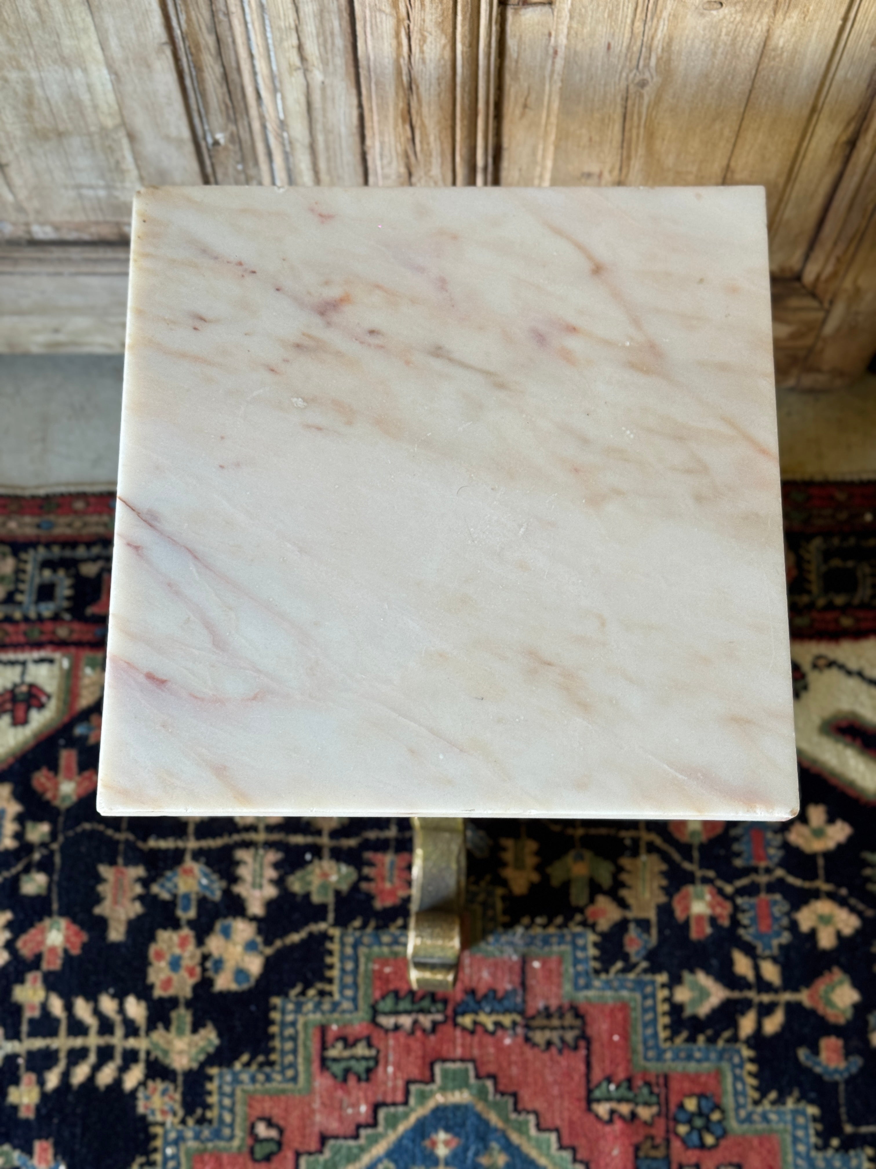 Vintage Carved Timber Side Table with Marble Top