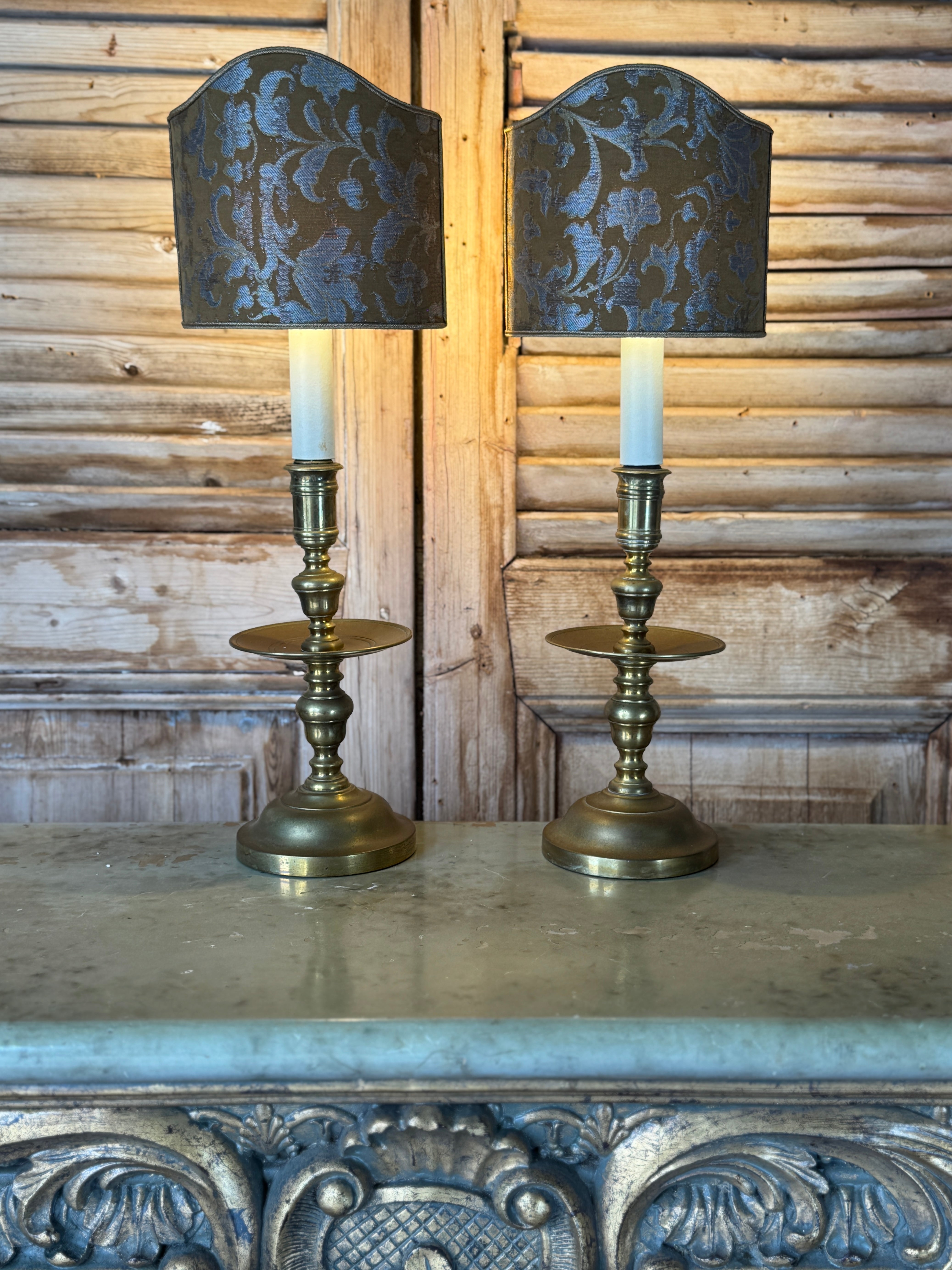 Pair of Antique 19th Century Brass Candlestick Lamps with Italian Made Shield Shades