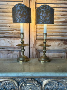 Pair of Antique 19th Century Brass Candlestick Lamps with Italian Made Shield Shades