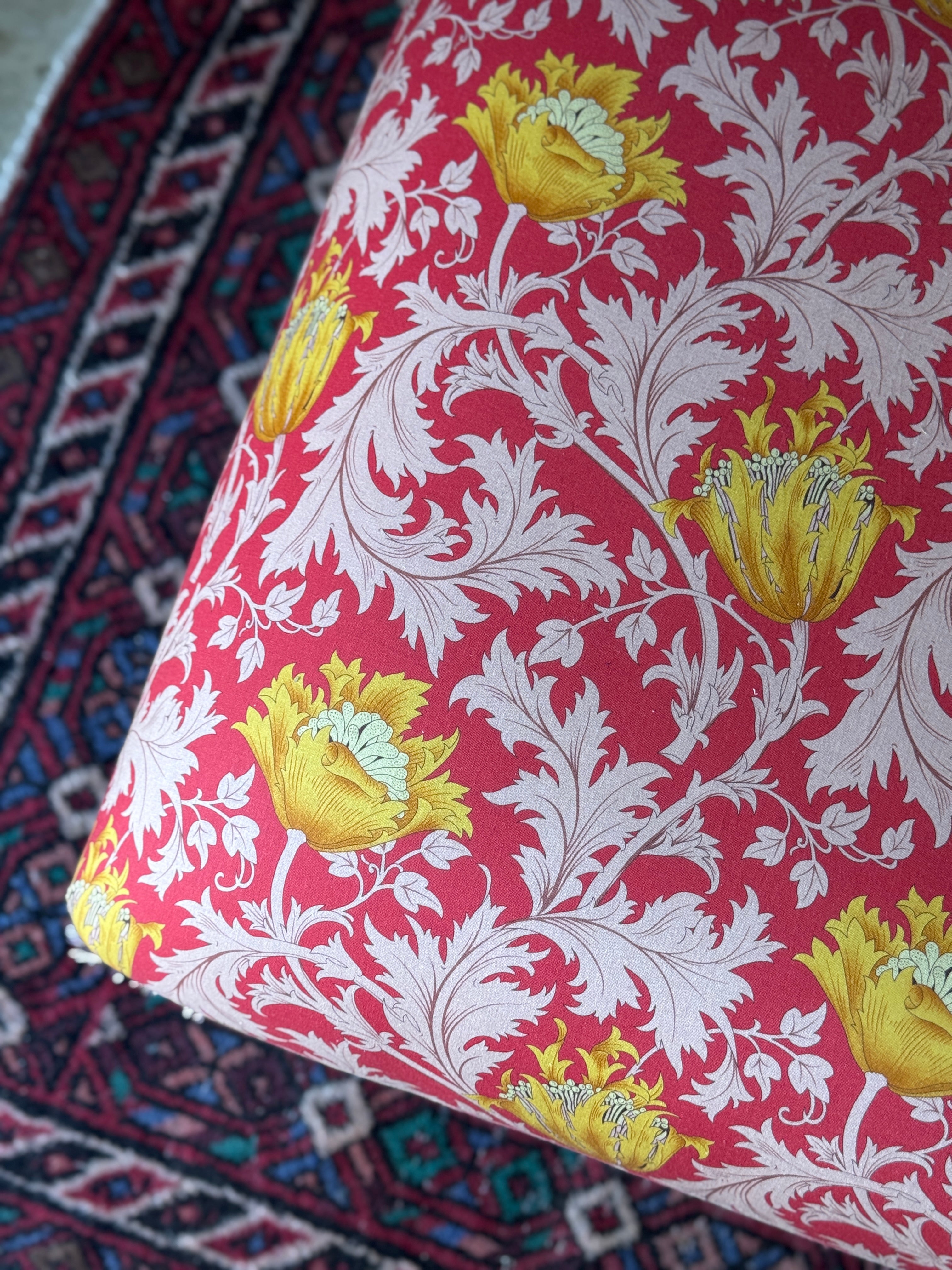 Vintage Ottoman Newly Upholstered in William Morris Fabric & Tasselled Trim