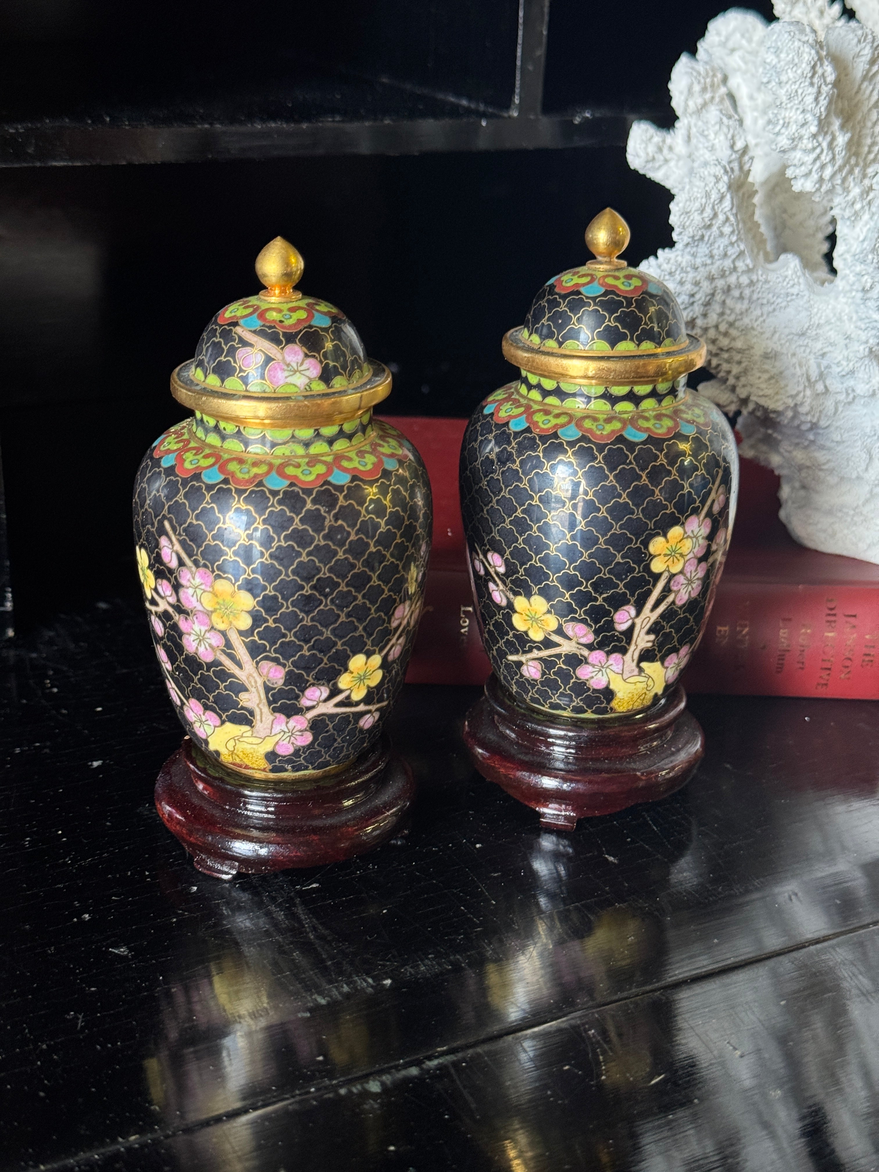 Pair of Vintage Chinese Cloisonné Lidded Vases on Fitted Timber Bases