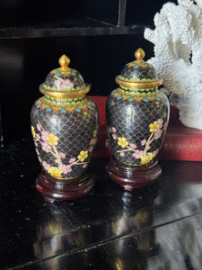 Pair of Vintage Chinese Cloisonné Lidded Vases on Fitted Timber Bases
