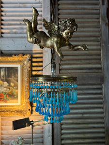 Vintage Italian Cherub Pendant with Blue Drop Glass Chandelier