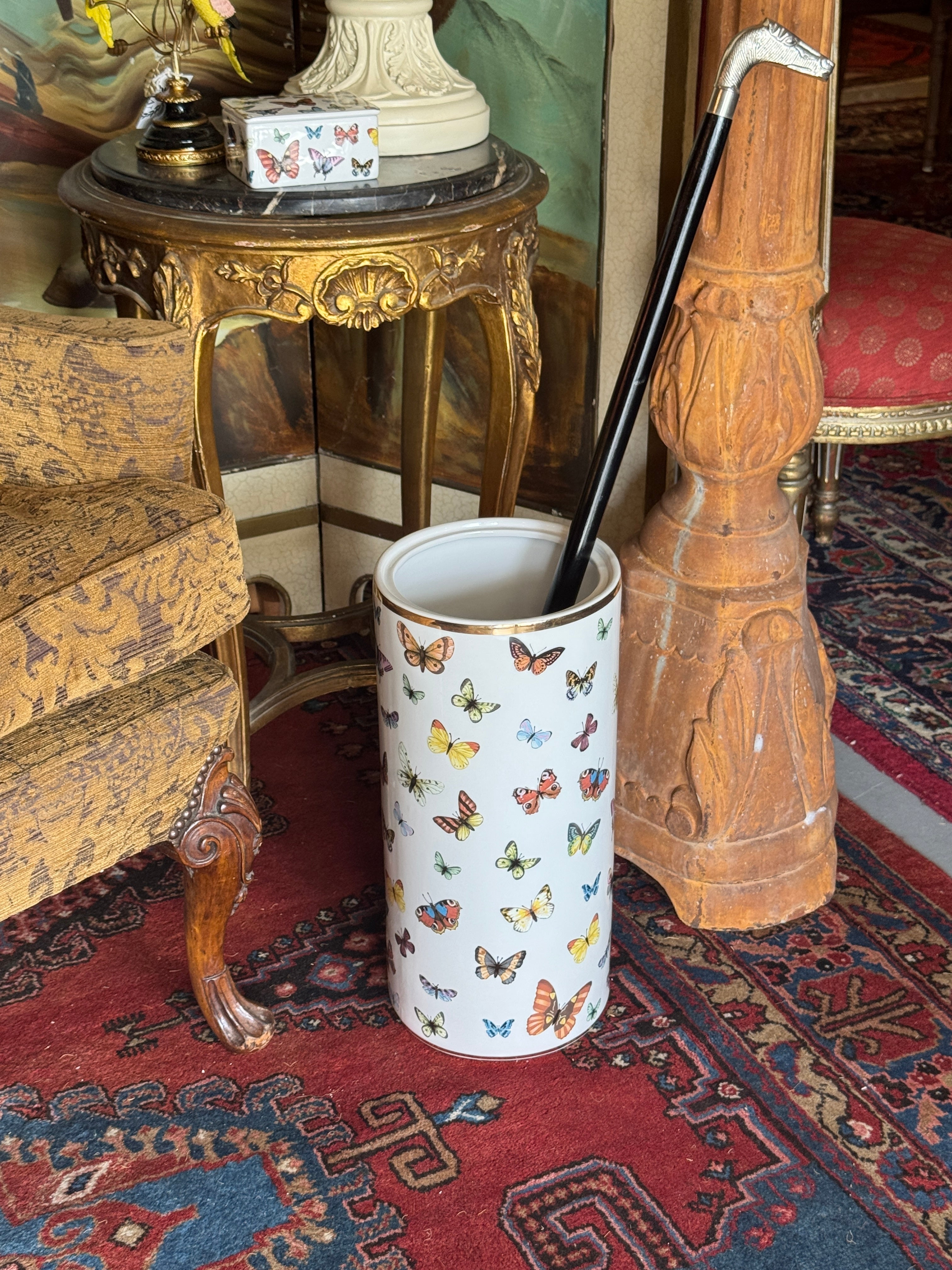 White & Gold Butterfly Ceramic Umbrella Stand