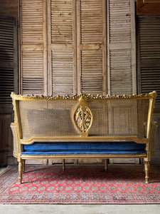 Vintage French Gilt Rattan Settee with Original Upholstery