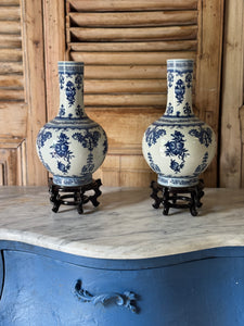 Pair of Vintage Mid - Late 20th Century Chinese Blue and White Porcelain Bottle Vases on Wooden Stands